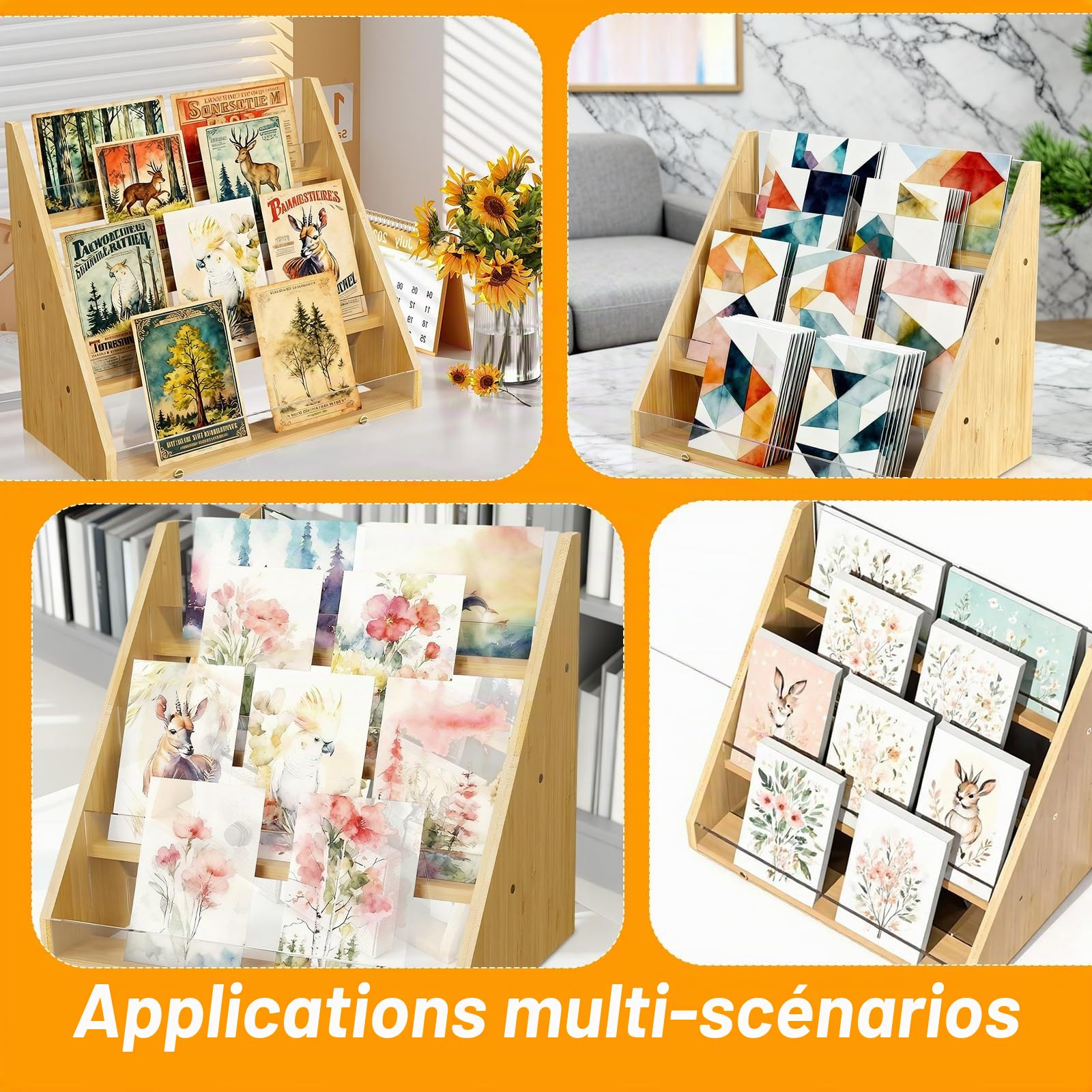 4 Niveau Presentoir Carte Postale en Bambou, Présentoir Support Carte pour Vente au Détail D'Autocollants Livre Visite Bureau Beige