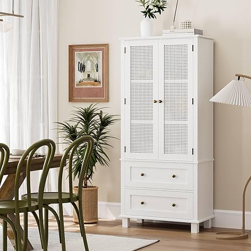 FOTOSOK Kitchen Pantry Storage Cabinet, Tall Storage Cabinet with Rattan Doors and 2 Drawers, Kitchen Hutch with Adjustable Shelf, Utility Pantry for Kitchen, Dining Room,White