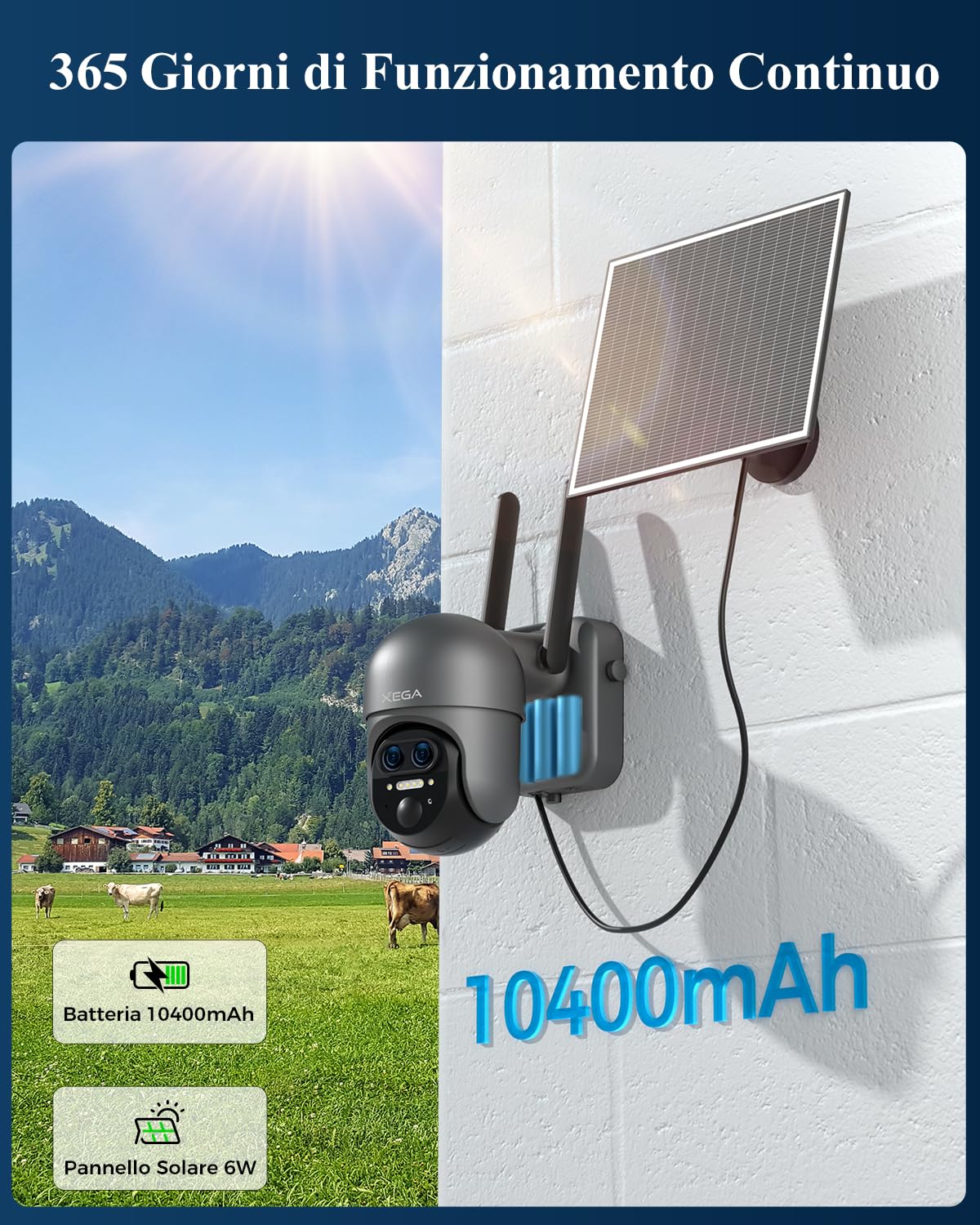 Xega 4G LTE 12X Zoom Ibrido Telecamera Esterno con SIM Scheda,2K HD PTZ Doppio Obiettivo Telecamere Senza Fili con Pannello Solare 10400mAh Batterie,30m Visione Notturna,Détection Humaine,TF/Cloud