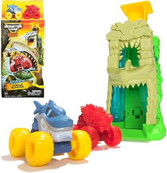 Monster Jam Mini Jams, Megalodon Jungle Blaster Launcher Playset, 2 Exclusive Die-Cast Monster Trucks & Accessory, Kids Toys for Boy and Girls Ages 3 and up