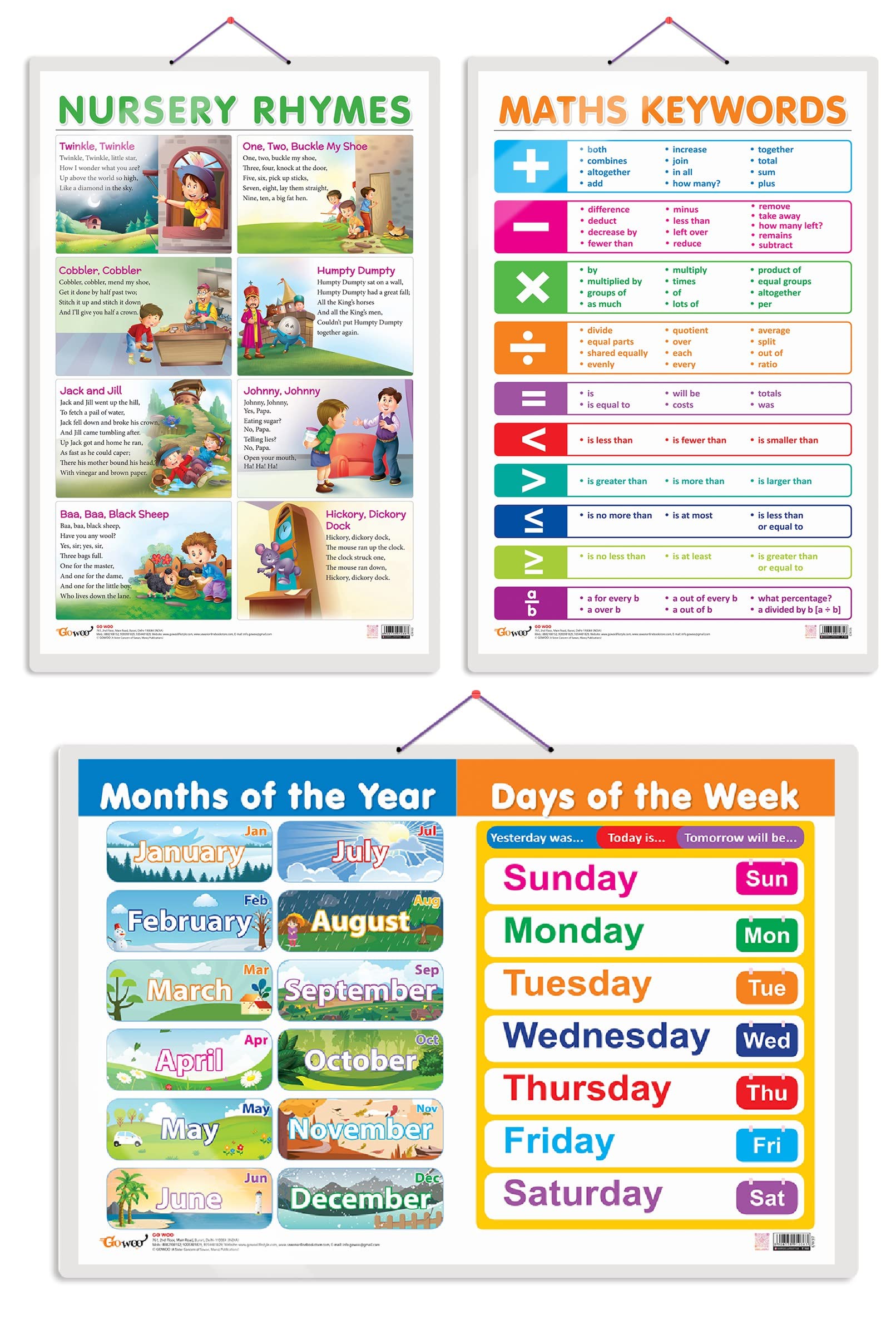 Sponsored Ad - GO WOO Pack of 3 MATHS KEYWORDS, MONTHS OF THE YEAR AND DAYS OF THE WEEK and NURSERY RHYMES Educational charts with Big font and Dust resistant Lamination | 300 GSM Recyclable Charts
