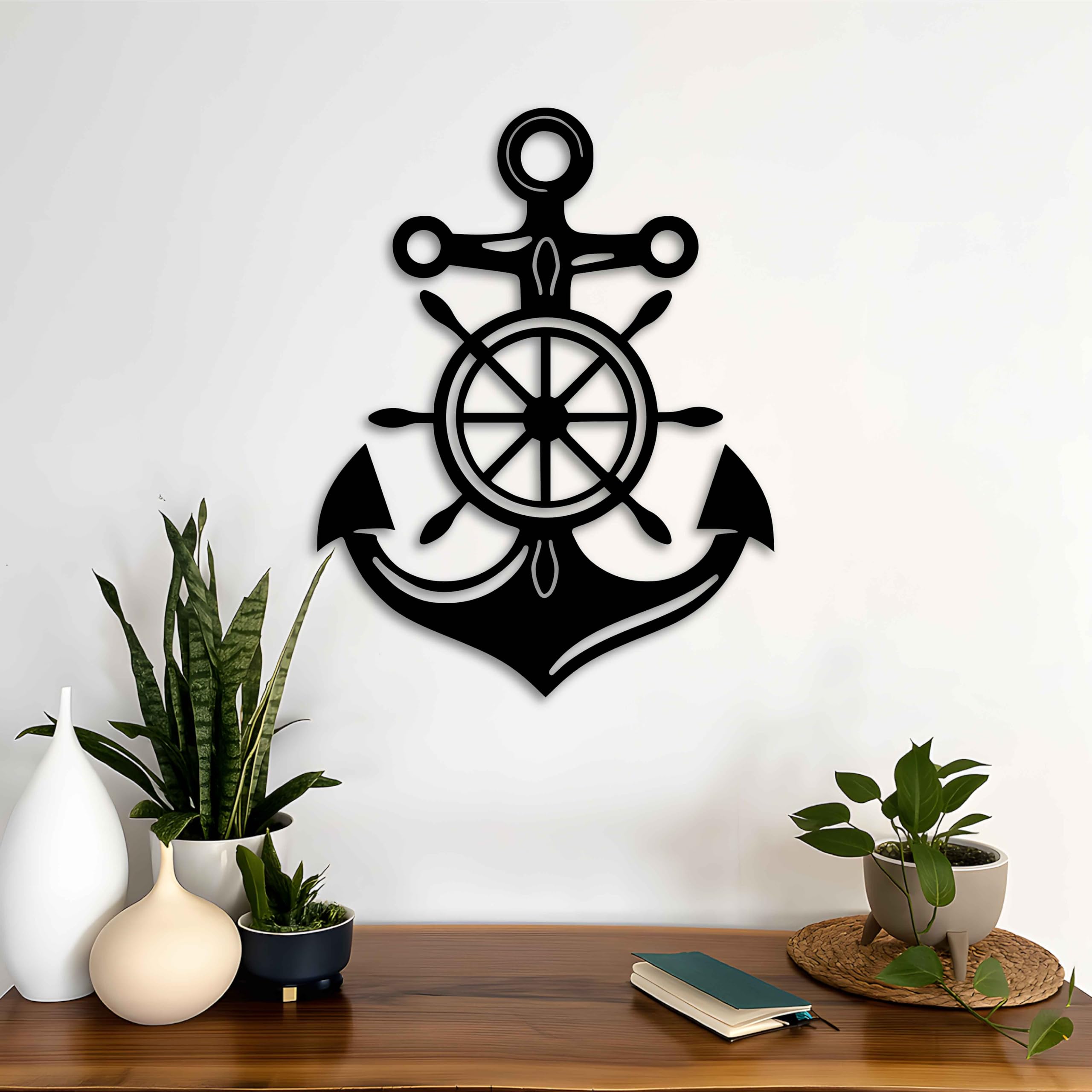 KAWA METALWORKS Anker Metall Wandkunst Dekor mit Schiffsrad nautische Wanddekoration für Wohnzimmer Strandhaus Modern Schwarz Metall Wandbehang Küste Maritim Home Dekoration Matrosen Geschenk