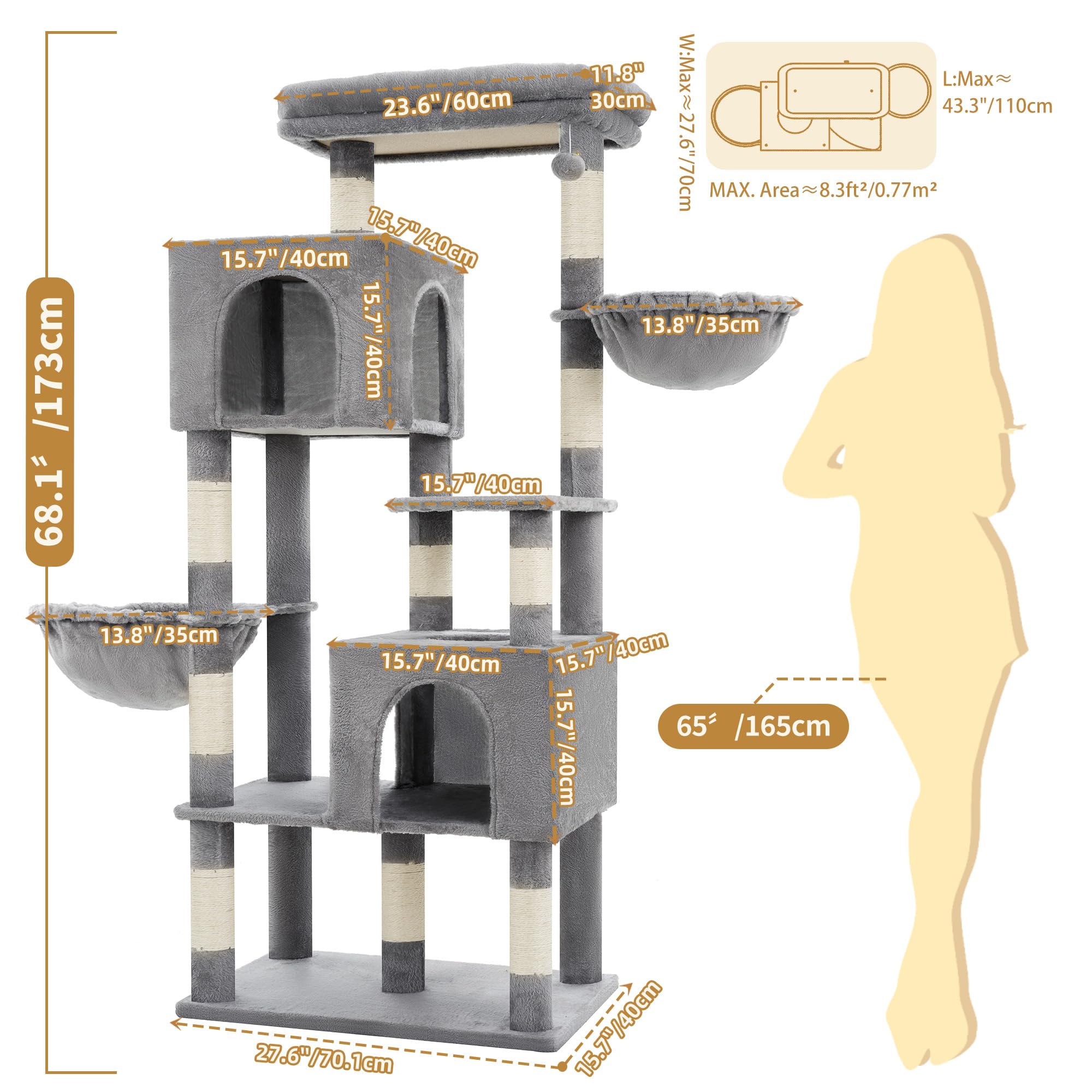 Heybly Árbol para Gatos de 173 cm para Gatos de Interior, Torre Resistente con Plataforma Superior Extra Grande, 2 Condos Acogedores, 2 Cestas, 10 Postes Rascadores de Sisal, Gris Claro HCT059W