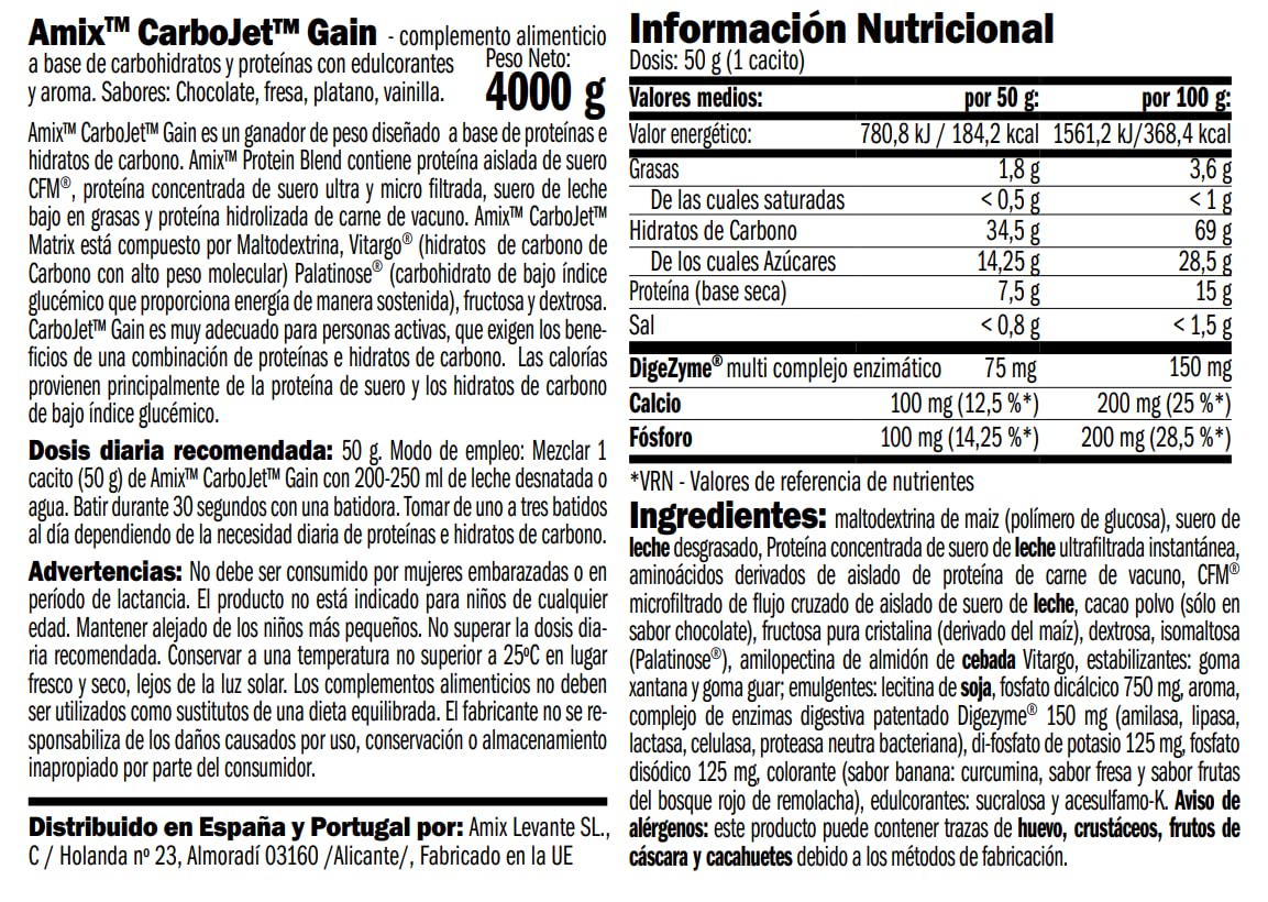 AMIX - Proteína en Polvo Carbojet Gain - Suplemento con Hidratos de Carbono -Proteína para Ganar Masa Muscular - Ideal para Atletas de Élite - Sabor Chocolate - 4 KG