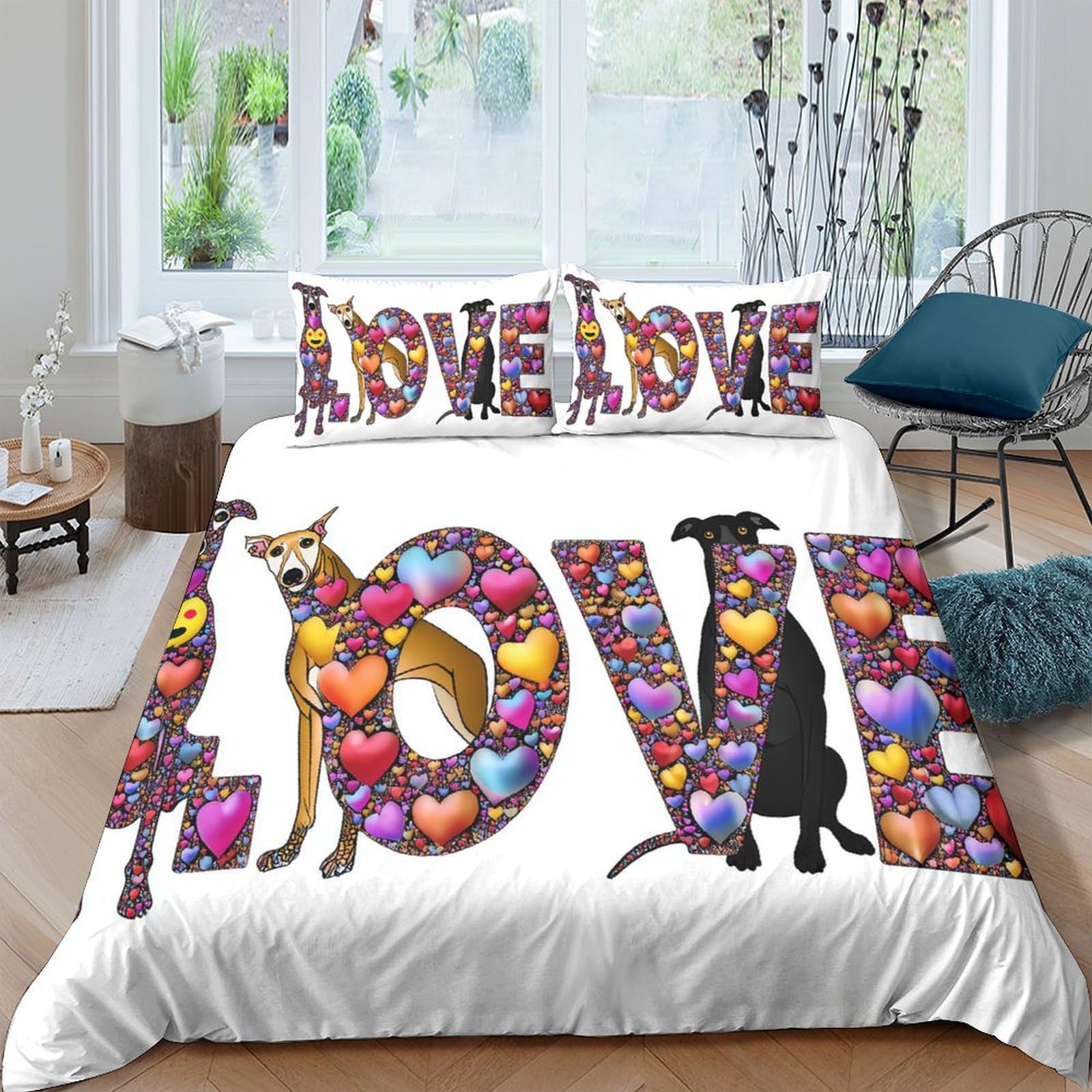 GPLZQXKJNH 3D Printed Colorful Heart Dog Duvet Cover Microfiber Soft Breathable Silhouette Bedding Set with 2 Pillowcases for Bedroom Decor Single（135x200cm）