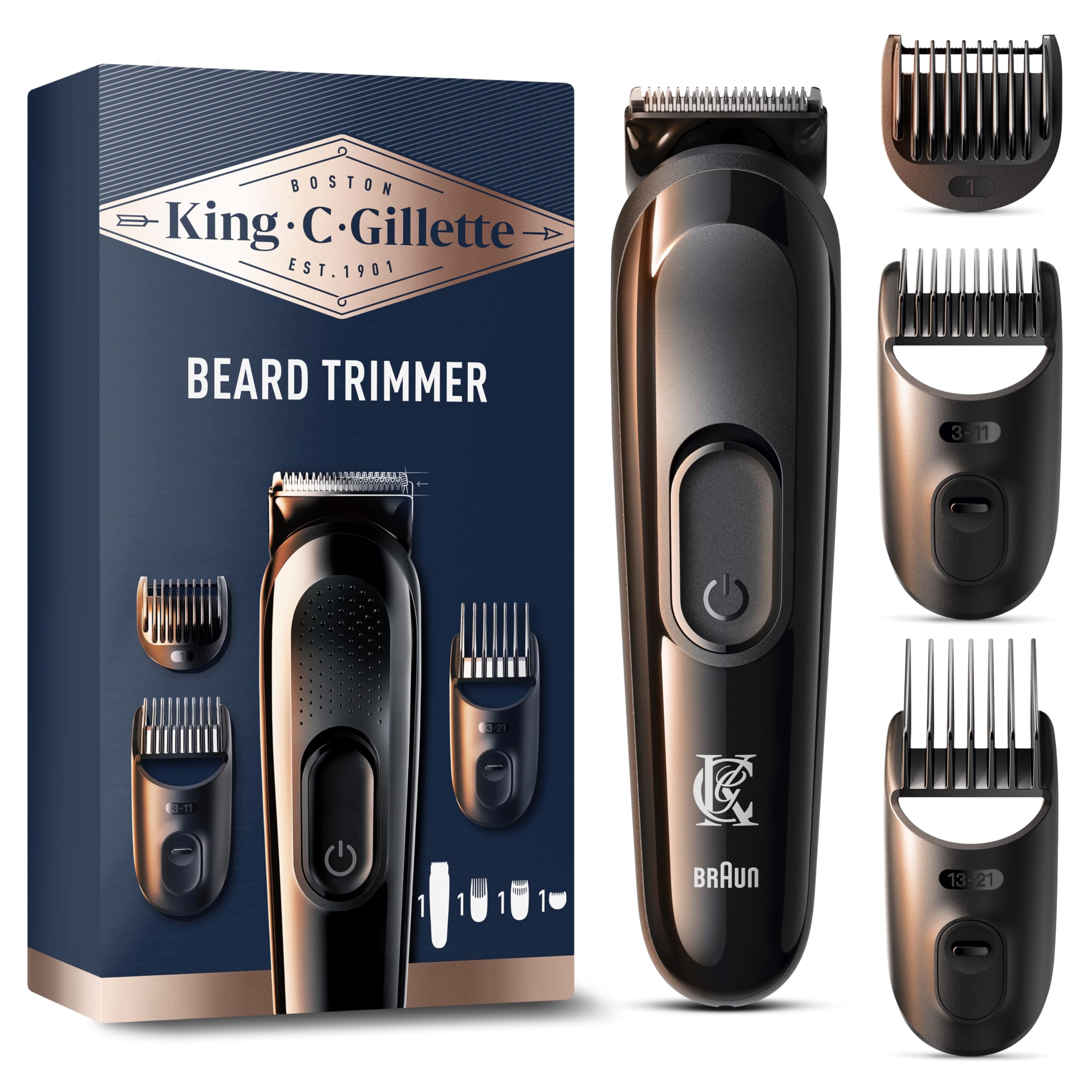 King C.​Gillette Kit tondeuse à barbe pour homme, tondeuse sans fil + lames aiguisées de longue durée et 3 régulateurs de longueur interchangeables pour le soin de la barbe