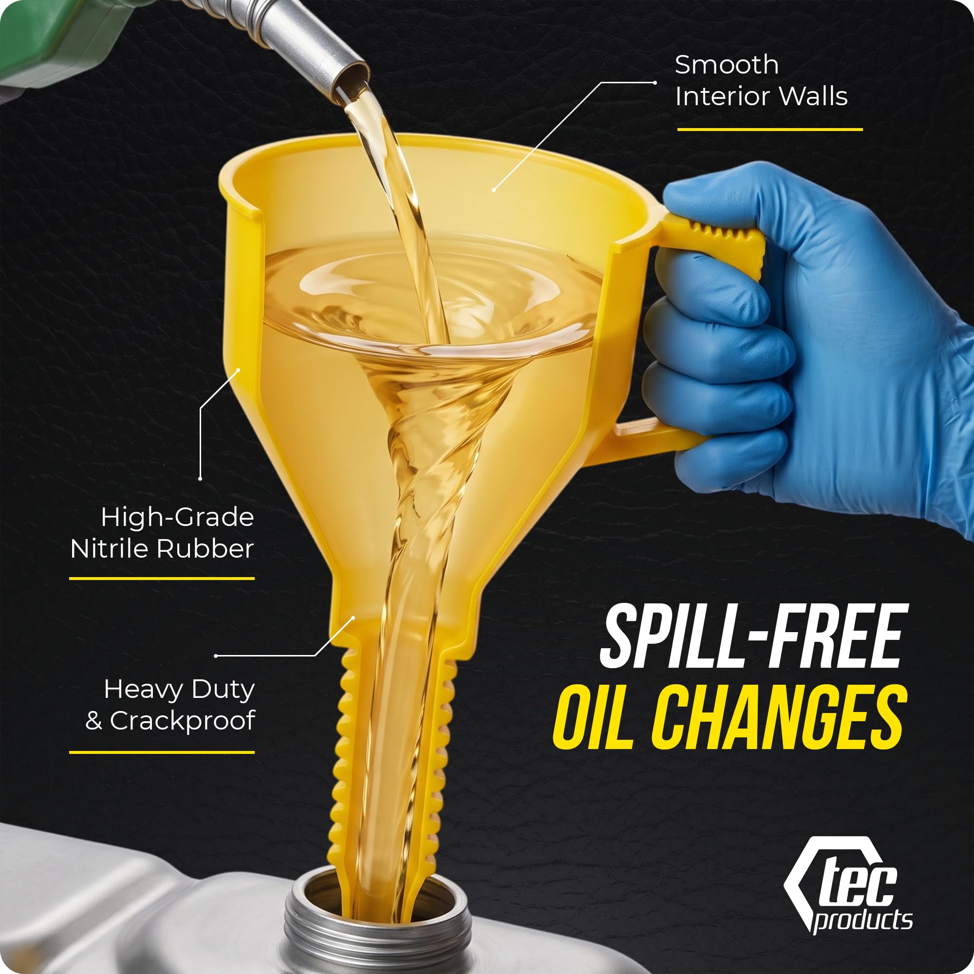 TEC Products FlexAll Embudos largos y flexibles, embudo de aceite automotriz con manguera, goma de nitrilo duradera para cambio de aceite, líquido de transmisión, diésel, combustible, gas, fabricado