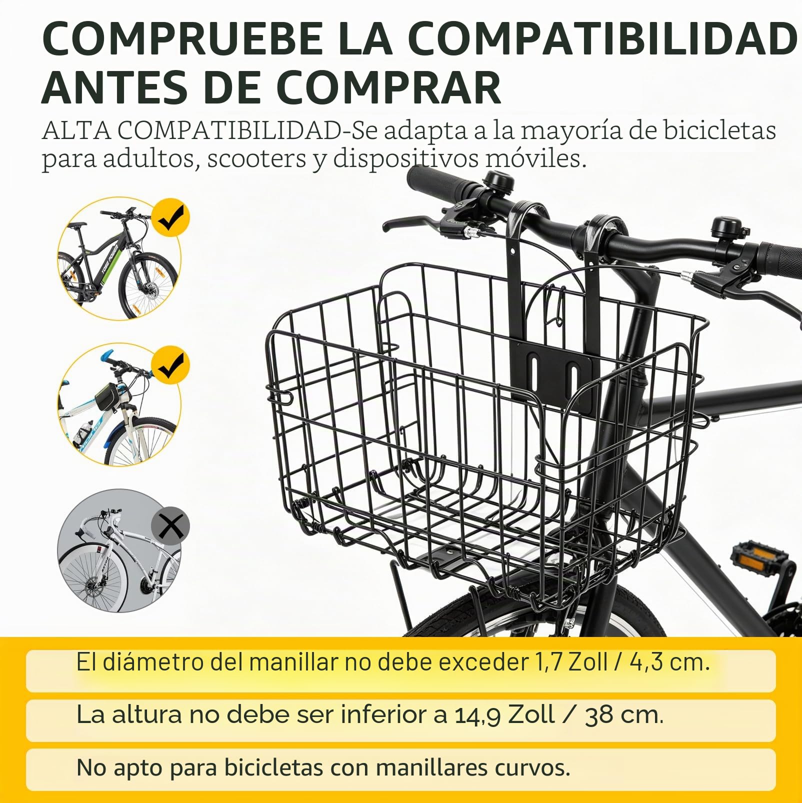 Cesta delantera y trasera plegable para bicicleta con bolsa interior de poliuretano, bolsillo interior extraíble, cesta de bicicleta unisex para parte delantera, malla de alambre, cesta de bicicleta