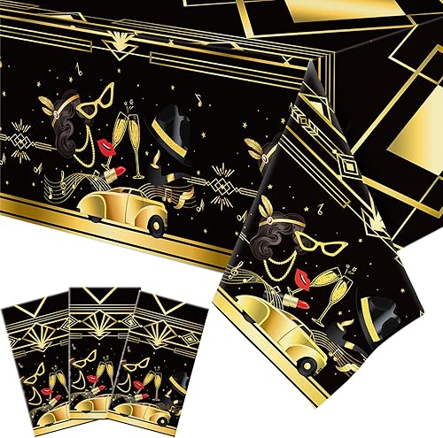 Unittype 3 manteles negros y dorados de plástico con temática de los años 20, suministros de fiesta de los años 20, mantel para cumpleaños, años