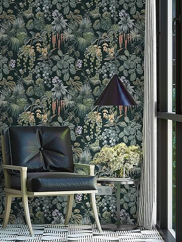 Vista 13 de Ismoon Papel tapiz verde para despegar y pegar, diseño bohemio floral y hojas en papel adhesivo grueso, papel adhesivo botánico oscuro, extraíble