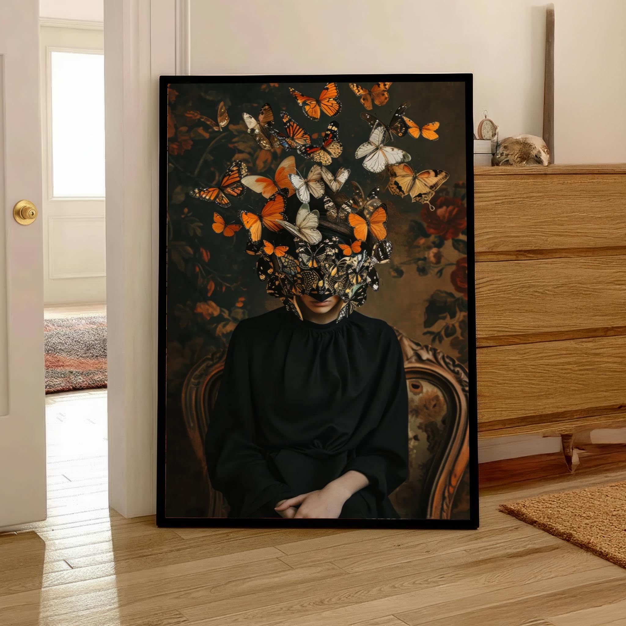 YUSUZHU Woman Canvas Butterfly Painting – Surreal Dark Floral Canvas Wall Art, Canvas for Living Room, Studio or Art Collector(21x30cm/Frameless)