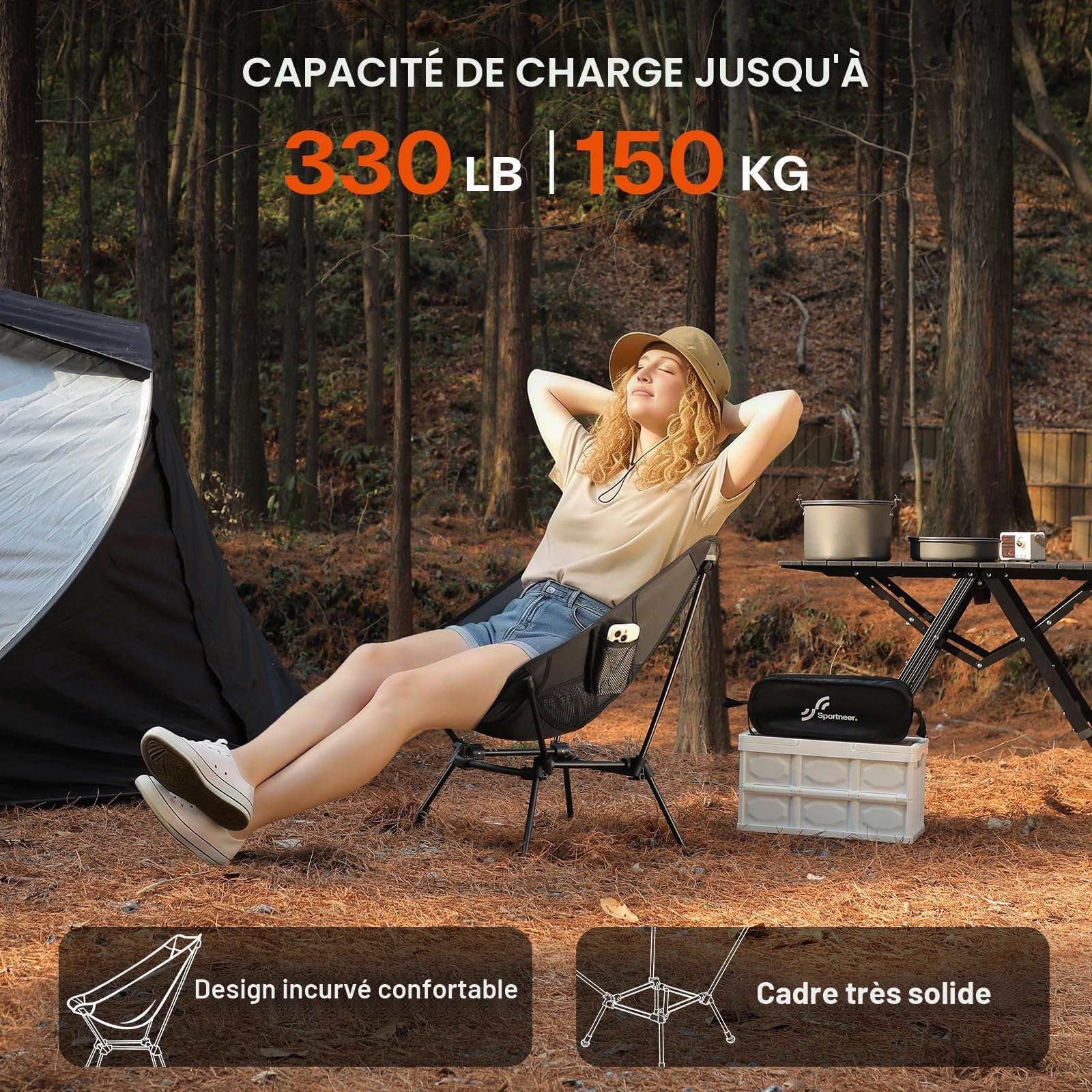 Sportneer Chaise de Camping Pliante Légère et Portable Compactes de Plage Chaise Pliable pour l'Extérieur pour Les Voyages avec Un Sac à Dos Randonnée Pelouse Pique-Nique, Noir, 2