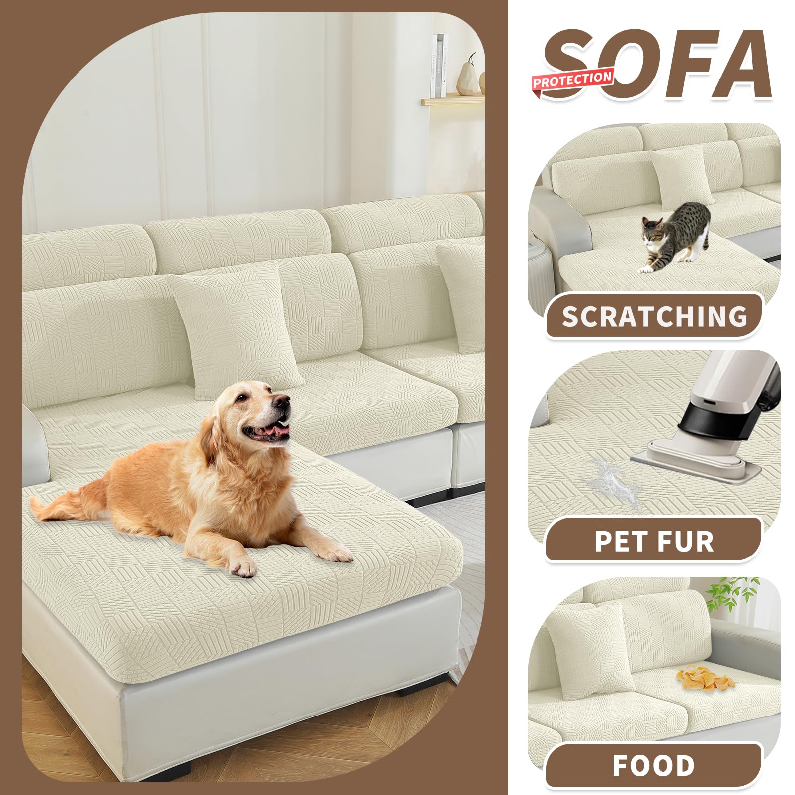 Ystyle Sofa Sitzkissenbezug Stretch, Wasserdicht Sofa Sitzbezug, Elastischer Kissenbezüge, Universal Sofa Sitzkissenbezug, Sofa Überzug Sofakissen Bezug (1 Sitzer*3+1 Chaiselongue, Beige)