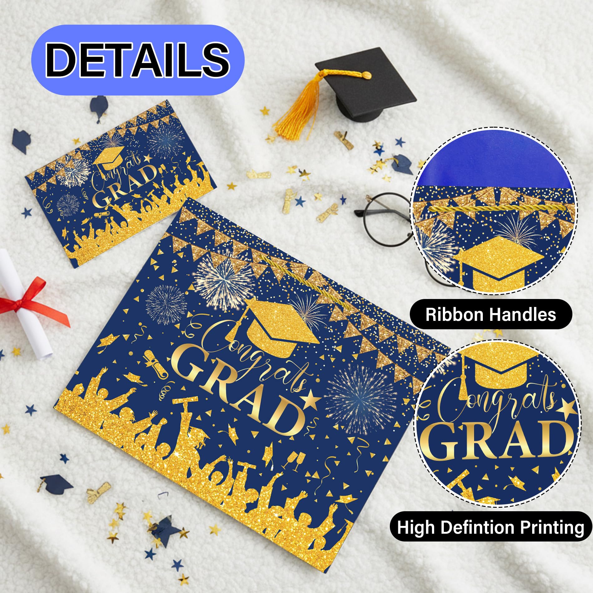 Congrats Gift Bag Class of 2026 - Graduation Gift Bag Blue and Gold Congrats Grad Bags with Card Tissue Paper Envelope Congratulations Gifts Bag for Men Women Student Teacher College Graduation 12 Inch