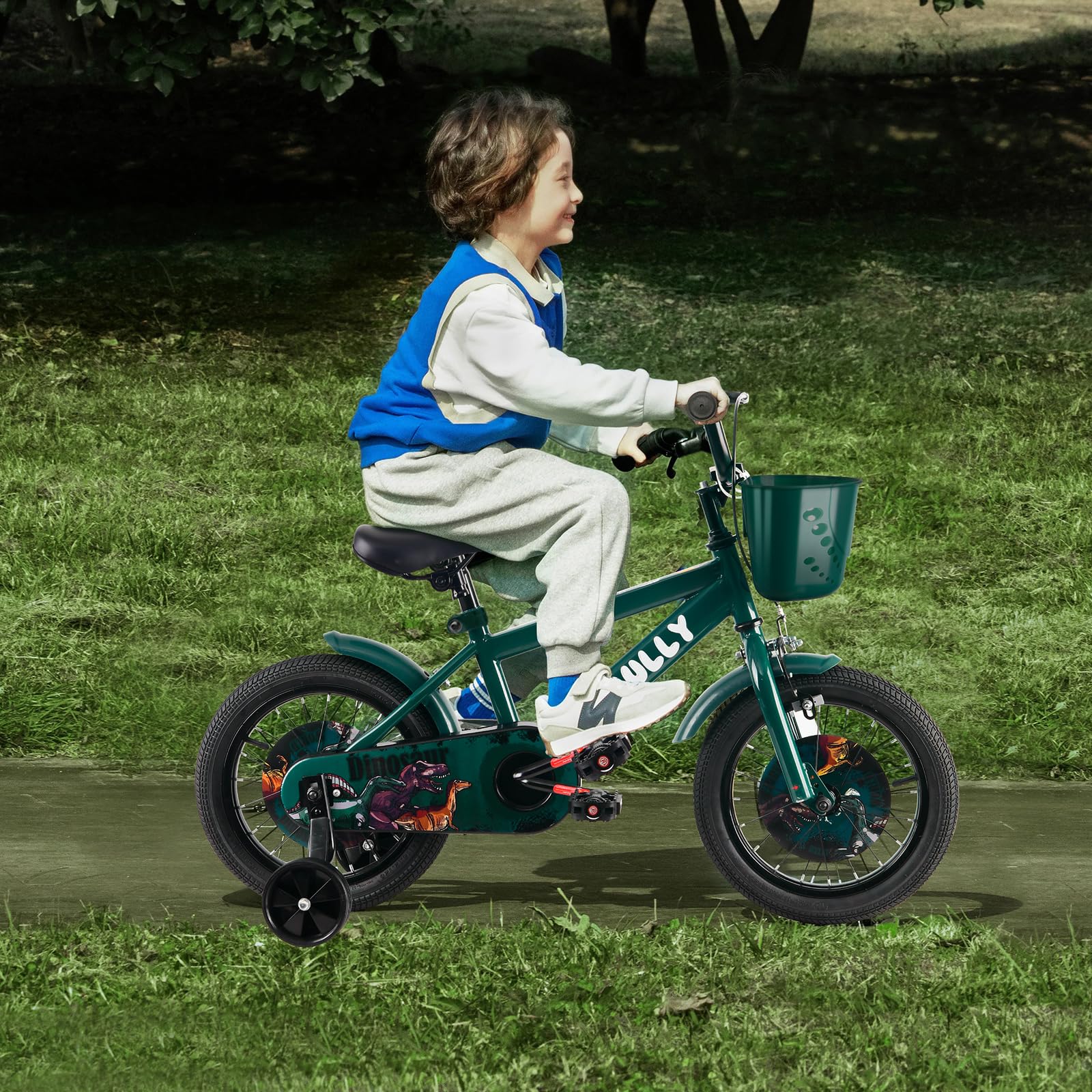 RULLY Vélo Enfant Dinosaur 12 14 16 Pouces pour Garçons de 2 à 7 Ans – Vélo Style BMX avec roulettes – Plusieurs Couleurs