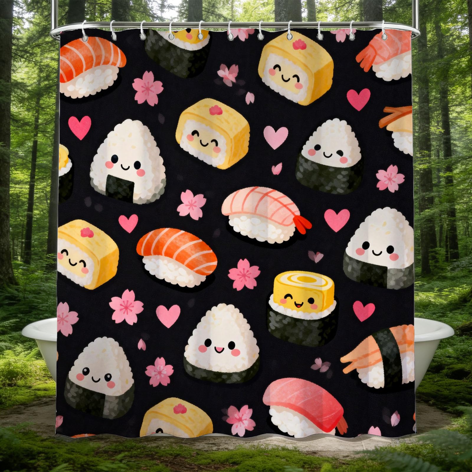 Hongduo 3D Cartoon Sushi Shower Curtain for Stalls Bathtubs Food Bathroom Decor Shower Curtain Set Polyester Fabric Waterproof 180x200cm/71X79 Inch with Hooks