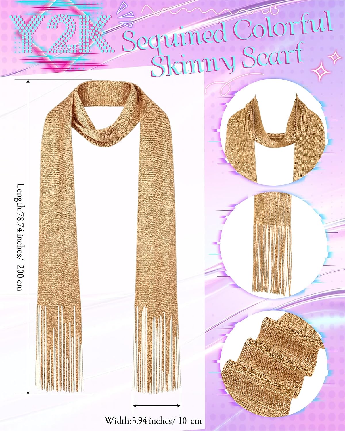 Glitopper Y2k Sparkly Sequin Scarf Women Skinny Scarves Lightweight Rave Neck Scarf for Evening Dresses Festival Head Wrap