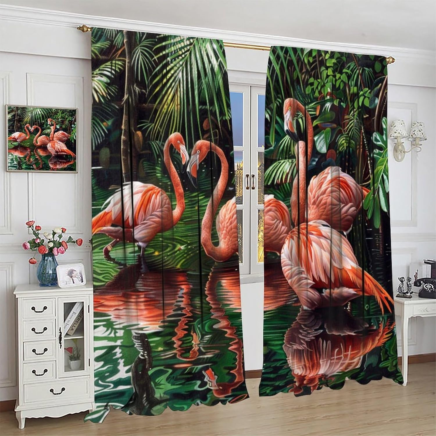 Tropical Flamingo Blackout Curtains for Bedroom Living Room, Rod Pocket Jungle Palm Lake Leaf Curtains Thermal Insulated Window Drapes 2 Panels, Each 21W x 54L