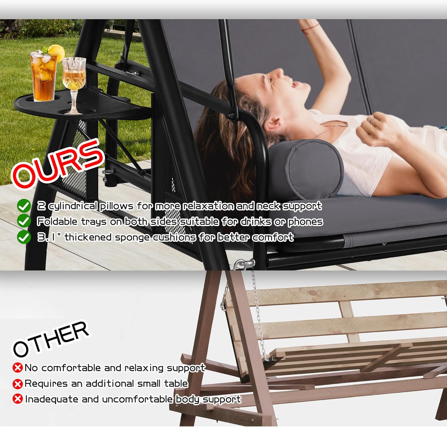 3 Seat Outdoor Patio Swing with Stand, 3-in-1 Porch Swing with Adjustable Canopy & Deep Cup Holders, Patio Glider Adult Swings with Thickened Cushions, Patio Swing Bed for Yard Garden (Gray)