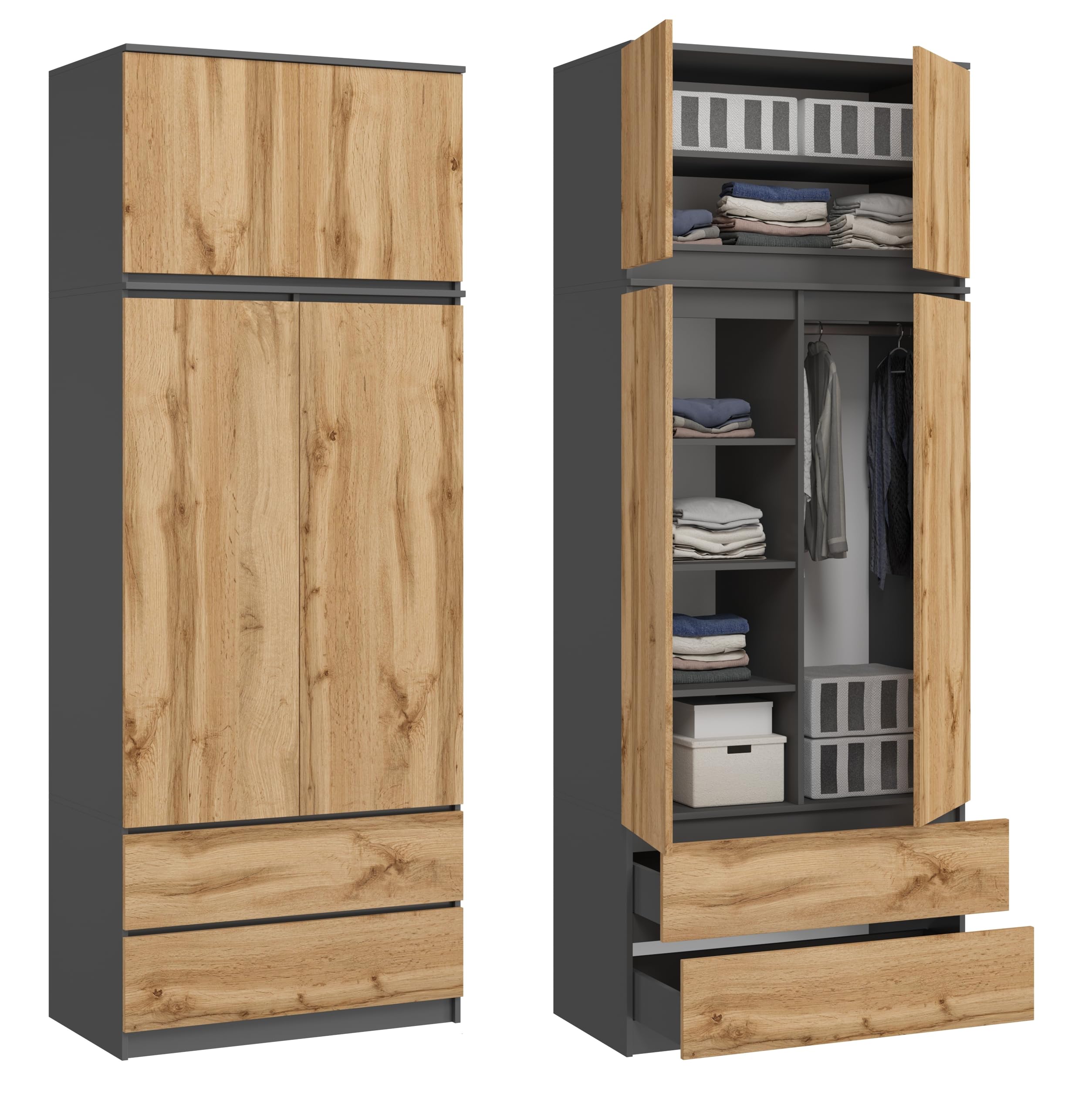 Großer Kleiderschrank, Schrank mit 4 Türen, 2 Schubladen, 6 Einlegeböden und Kleiderständer, Mehrzweckschrank, Garderobenschrank 235x90x50,5cm (Grafit/Eiche Wotan)