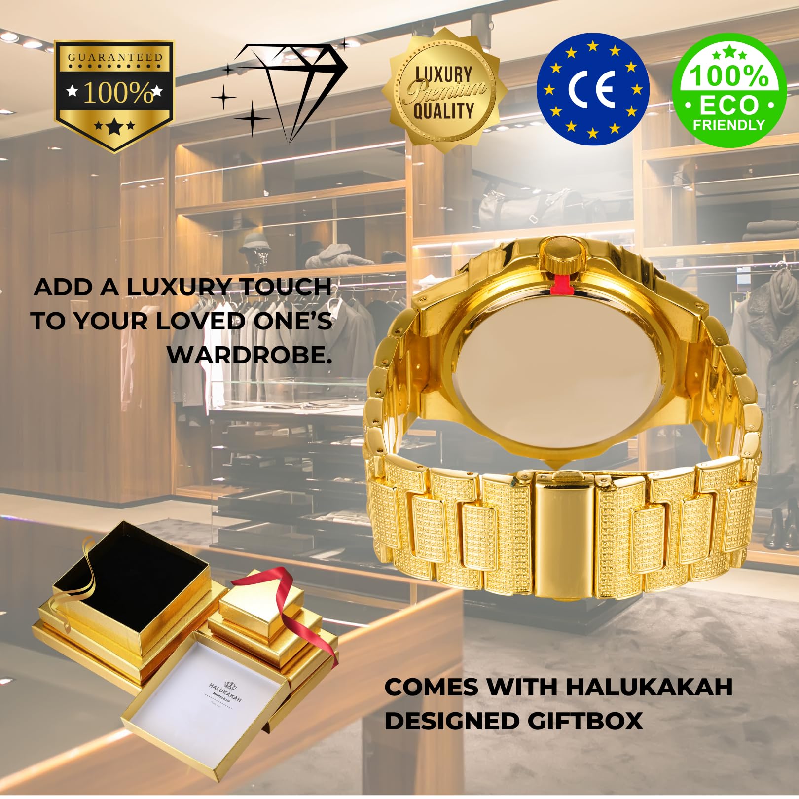 Halukakah Moissanit-Diamant Gold Uhr Für Männer - 18k Echtgold/Platin Weißgold Plattiert,Extragroßes,Diamanten Besetztes Zifferblatt mit Mehrfarbigen Edelsteinen,Iced Out,24cm Armband, mit Geschenkbox