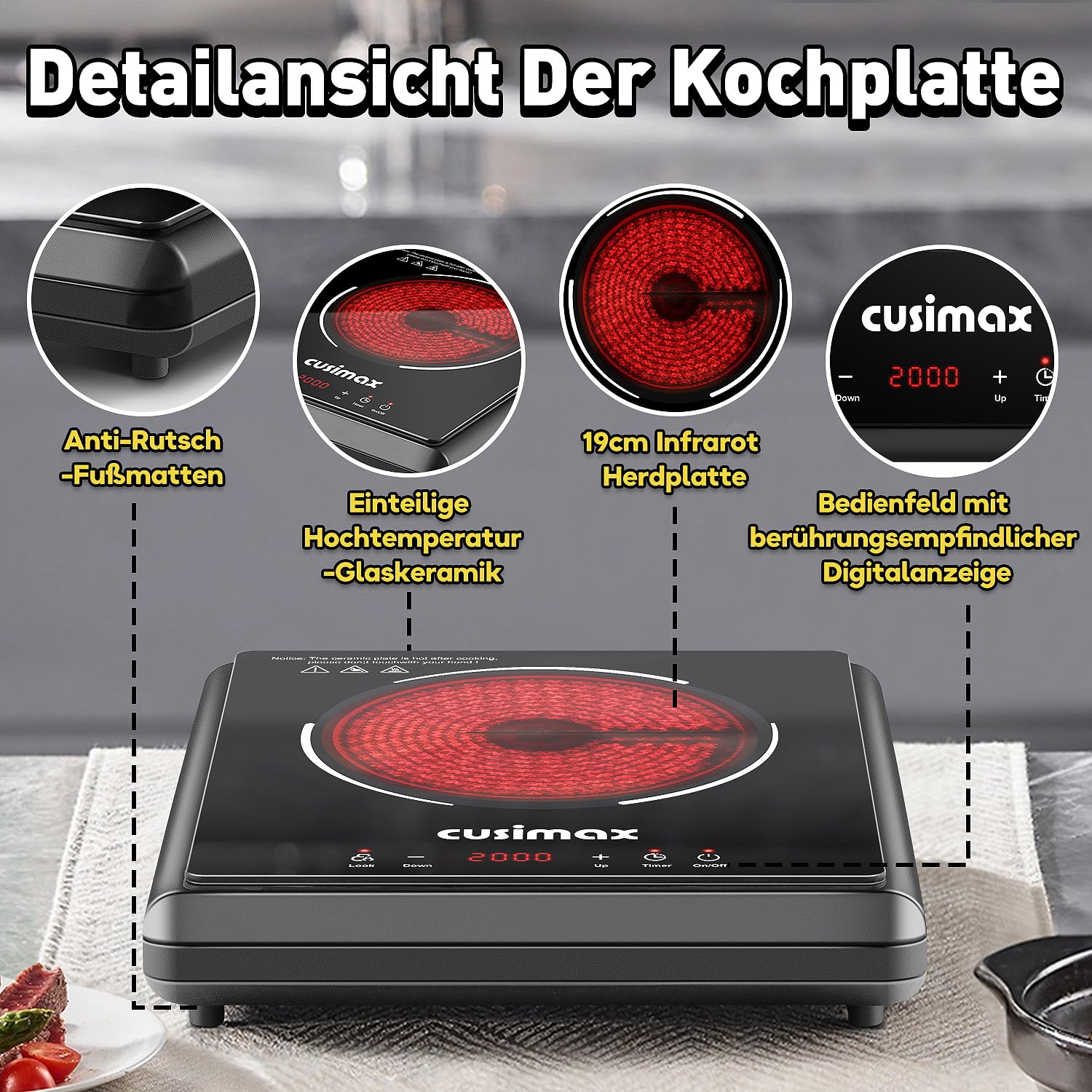 CUSIMAX Kochplatte, 2000W Elektro Kochplatte für zu Hause mit 9 Geschwindigkeiten, keramische Herdplatte Sensor Touch, Kindersicherung und Timer, kompatibel für alle Kochgeräte