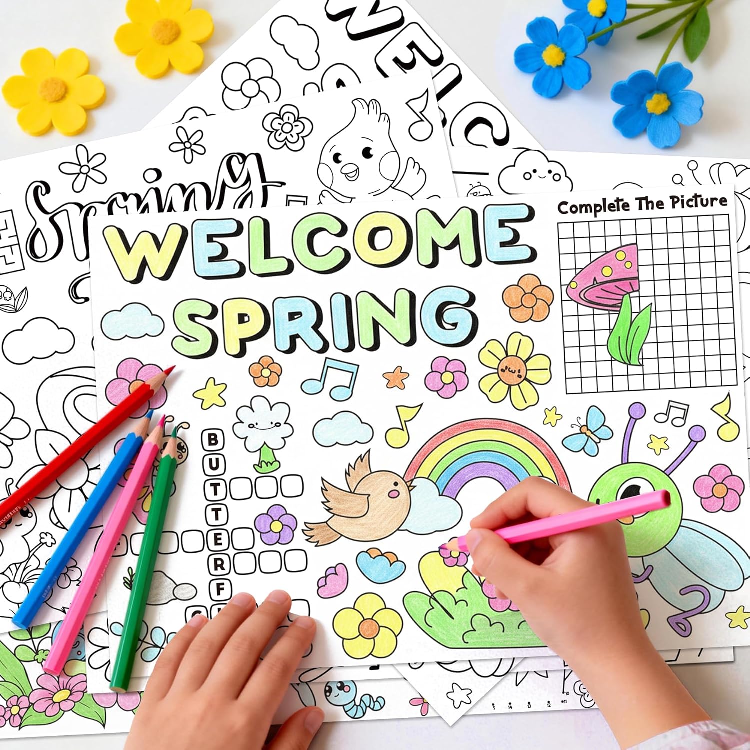 ANGOLIO Hello Spring Coloring Page - 32PCS Welcome Spring Scene Activity Game Coloring Sheets for Kids, Bee Butterfy Flower DIY Crafts Poster for Home School Classroom Gifts Easter Holiday Party Favor