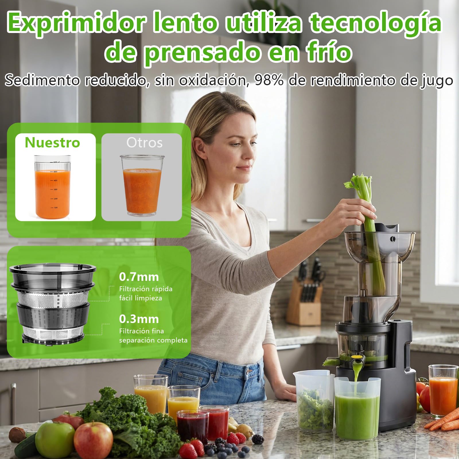 500W Extractor de Zumos y Verduras Juicer Machine,Slow Juicer con Entrada 98 mm,98% de rendimiento de zumo,Fácil Montaje y Limpieza,Sin BPA