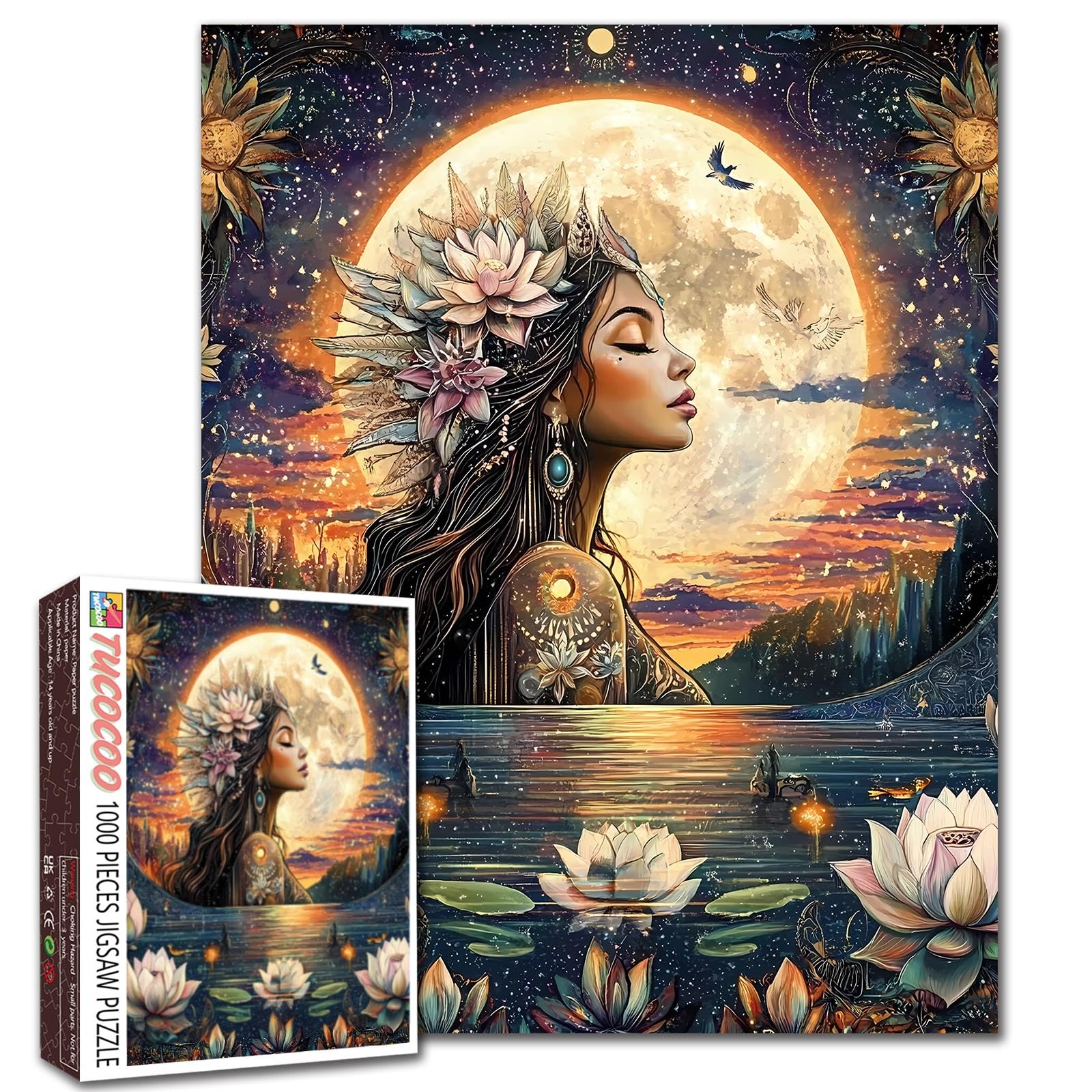 Fantasy Moon Goddess Puzzle 1000 Pieces for Adults Lotus Jigsaw Moonlight Puzzles Celestial Art Picture Perfect for Families Party Game Gifts — image 1