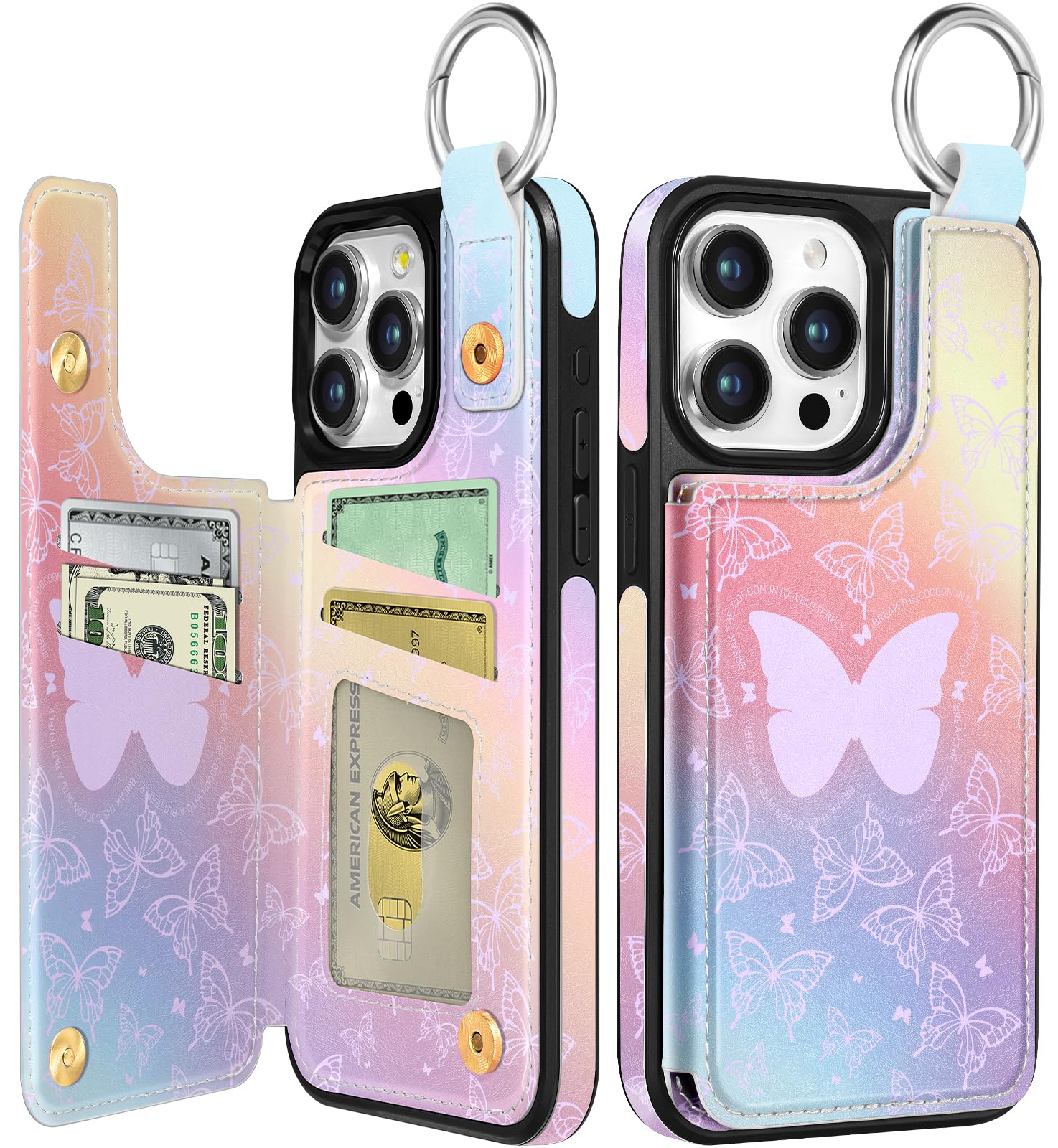 Shorogyt Compatible with iPhone 13 Pro Wallet Case with Card Holder - Designer PK Butterfies Pattern Kickstand Magnetic Clasp Back Flip Folio Leather