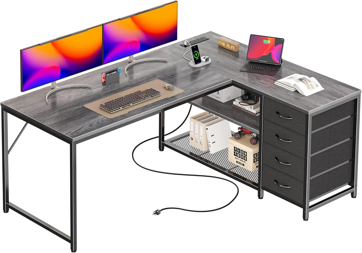 PRAISUN 53" L Shaped Desk with Power Outlets and USB-C Port, Reversible Computer Corner Office Desk with 4 Fabric Drawers and 2 Height-Adjustable Shelves, Large for Gaming Writing Work Study, Grey 53 inch Grey