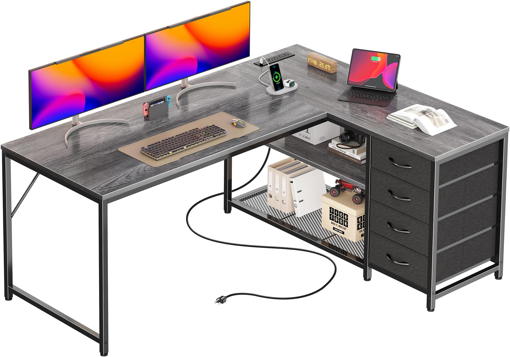PRAISUN 53" L Shaped Desk with Power Outlets and USB-C Port, Reversible Computer Corner Office Desk with 4 Fabric Drawers and 2 Height-Adjustable Shelves, Large for Gaming Writing Work Study, Grey
