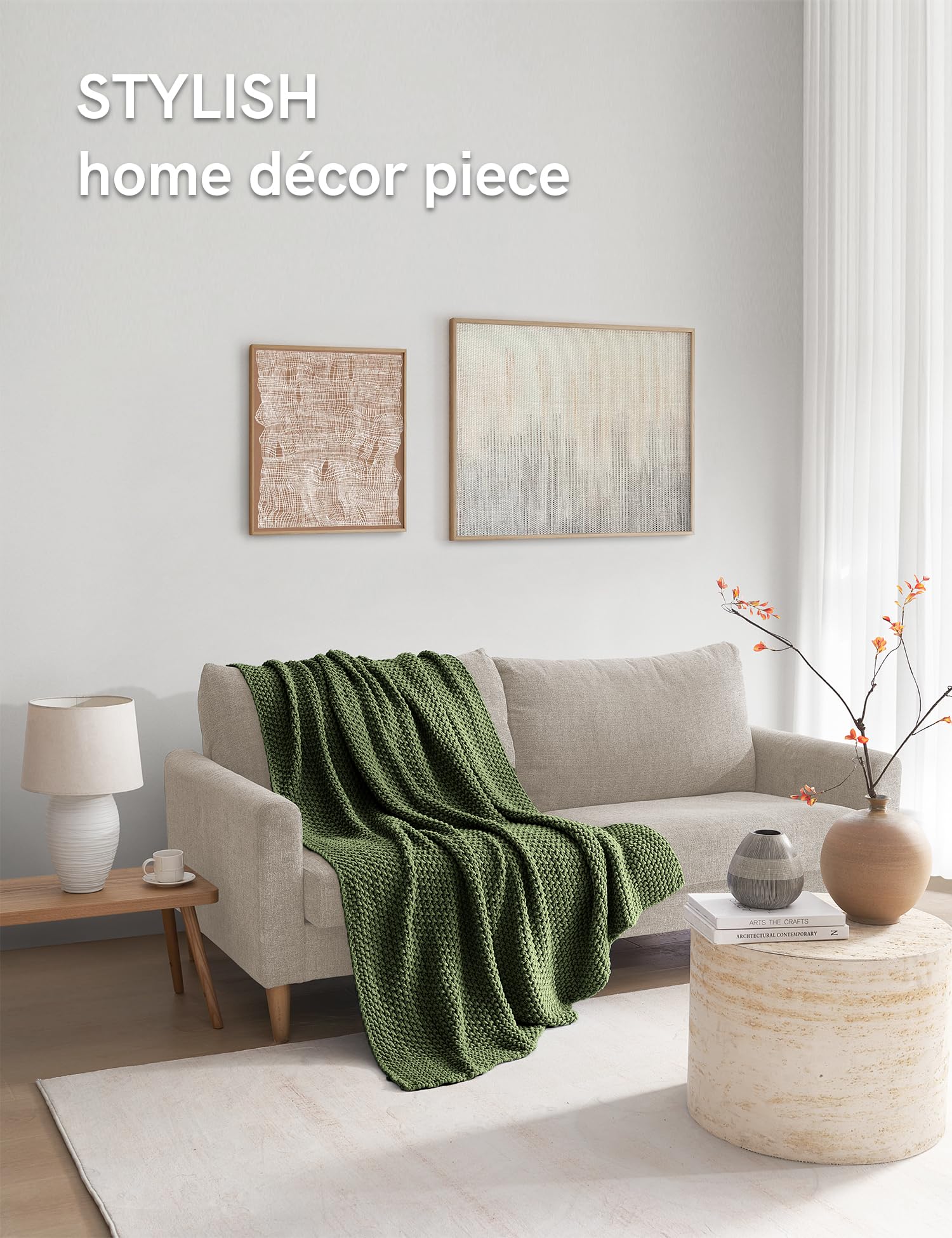 YnM Grobstrick-Überwurfdecke, Zopfstrick-Überwurf für Bett, Couch, Sofa, bequem und entspannend, dekoratives Stück für Bauernhaus, modern, Boho, rustikal, skandinavisch, schick, Kieferngrün, 203 x 214