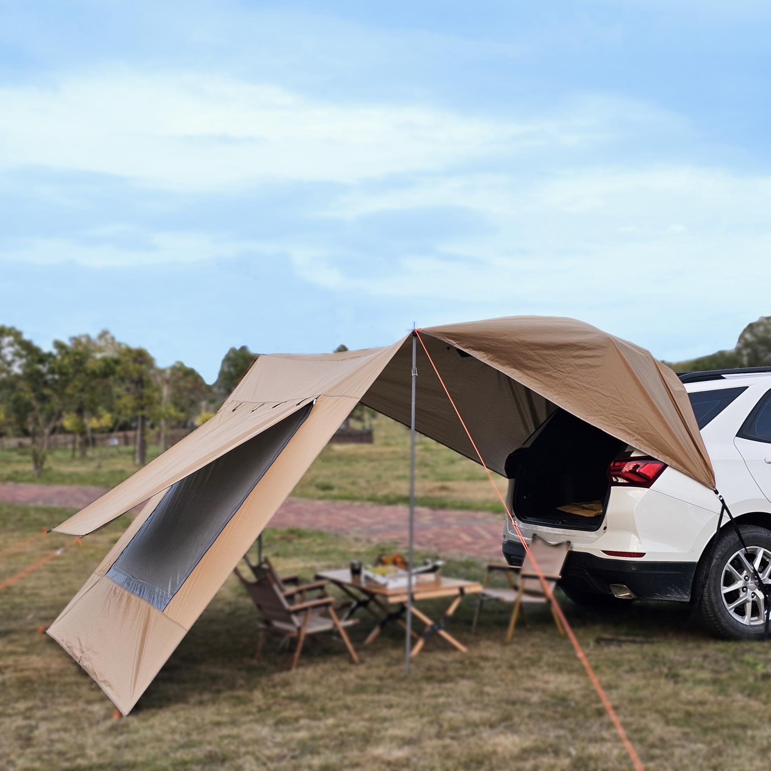 10x16 ft Car Side Awning with Pole Camping Tarp with Screen Window Car Tent for Cars Vans SUV Sun Shelter (Khaki)