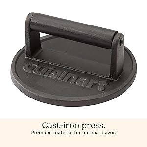 Cuisinart 6.5" Cast Iron Smashed Burger Press, Round Flat Edge Grill Press for Crispy Smash Burgers, Burger Tool for Grill and Griddle Accessories, for BBQs and Tailgates