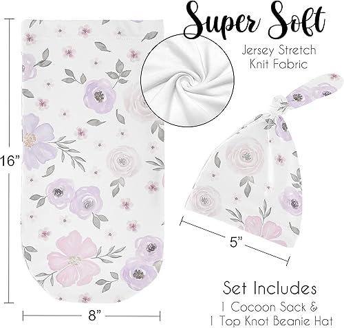 Miniatura 5 de Sweet Jojo Designs Juego de 2 gorros y capullos florales de acuarela para bebé, saco de dormir de punto elástico para bebé, recién nacido, saco de