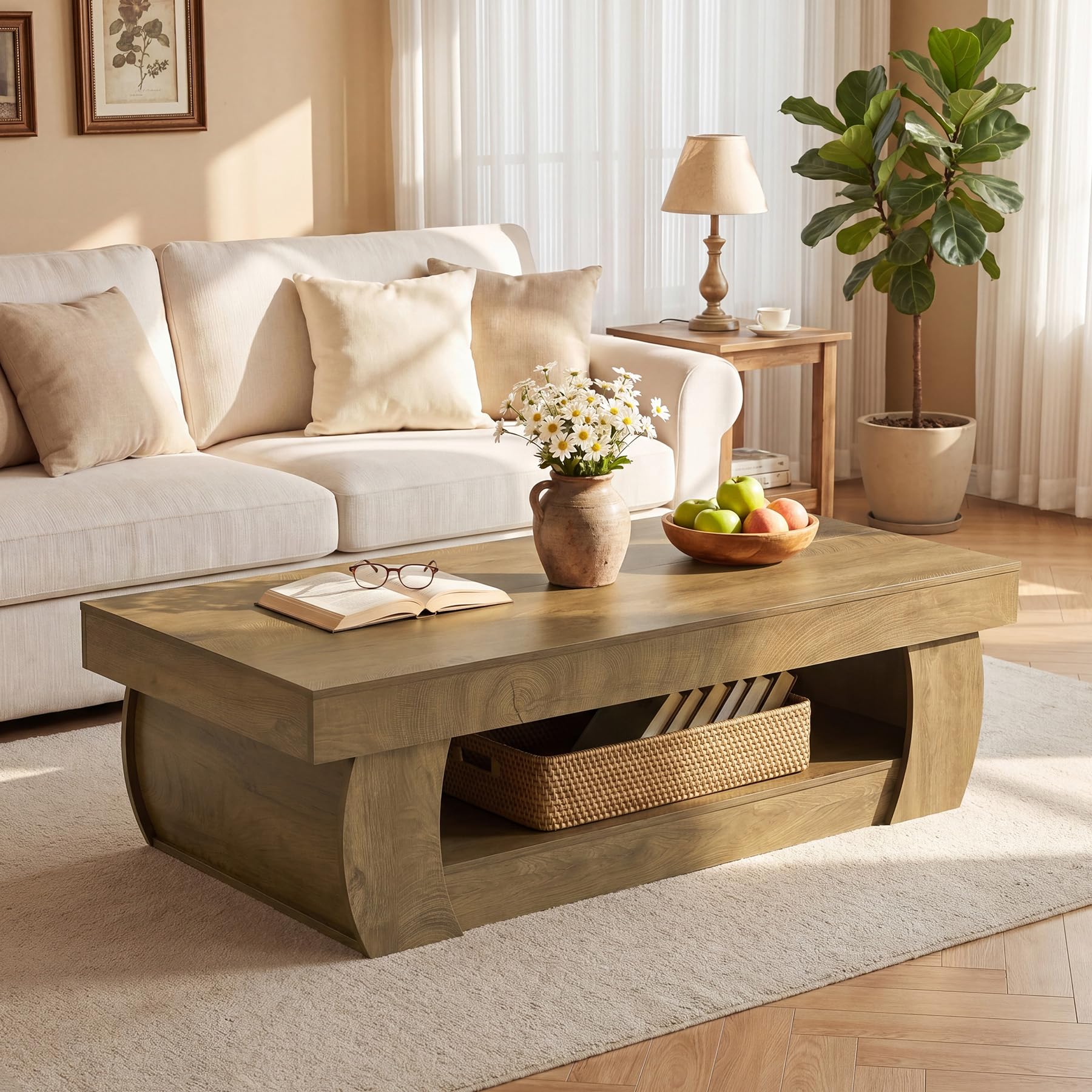 Tribesigns Couchtisch 140 cm mit Stauraum, Rechteckiger Couchtisch mit Ablage, 2 Ebenen Wohnzimmertisch im Landhausstil, Großer Sofatisch Holz für Wohnzimmer, Rustikal Braun, 140 x 70 x 45 cm