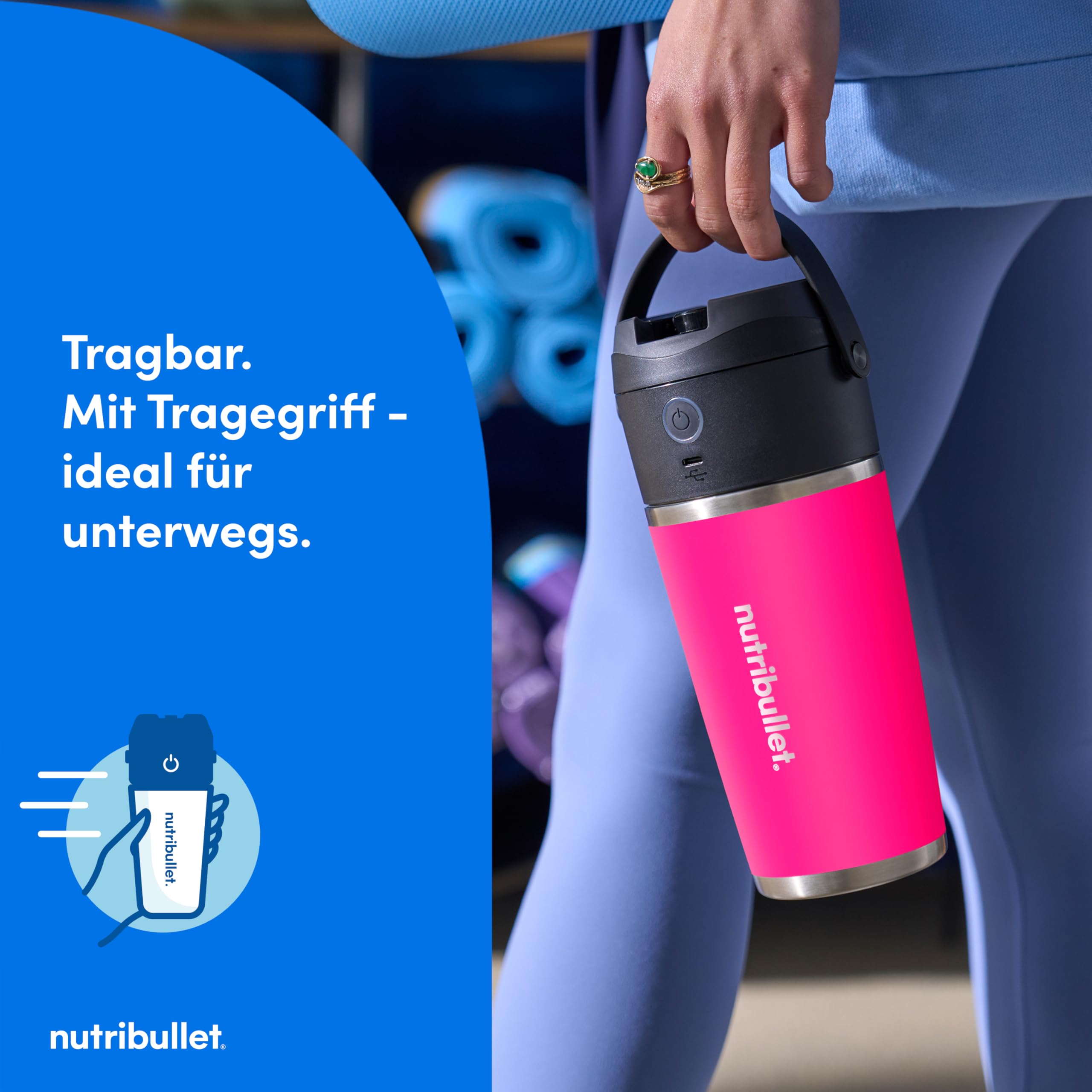 nutribullet Flip, Smoothie Mixer to go, 590 ml isolierter Edelstahl Thermobecher, hält 24h kalt, kabellos, wiederaufladbar (USB-C) für 14+ Mixvorgänge, Eiscrusher, Pink, NBP016MA