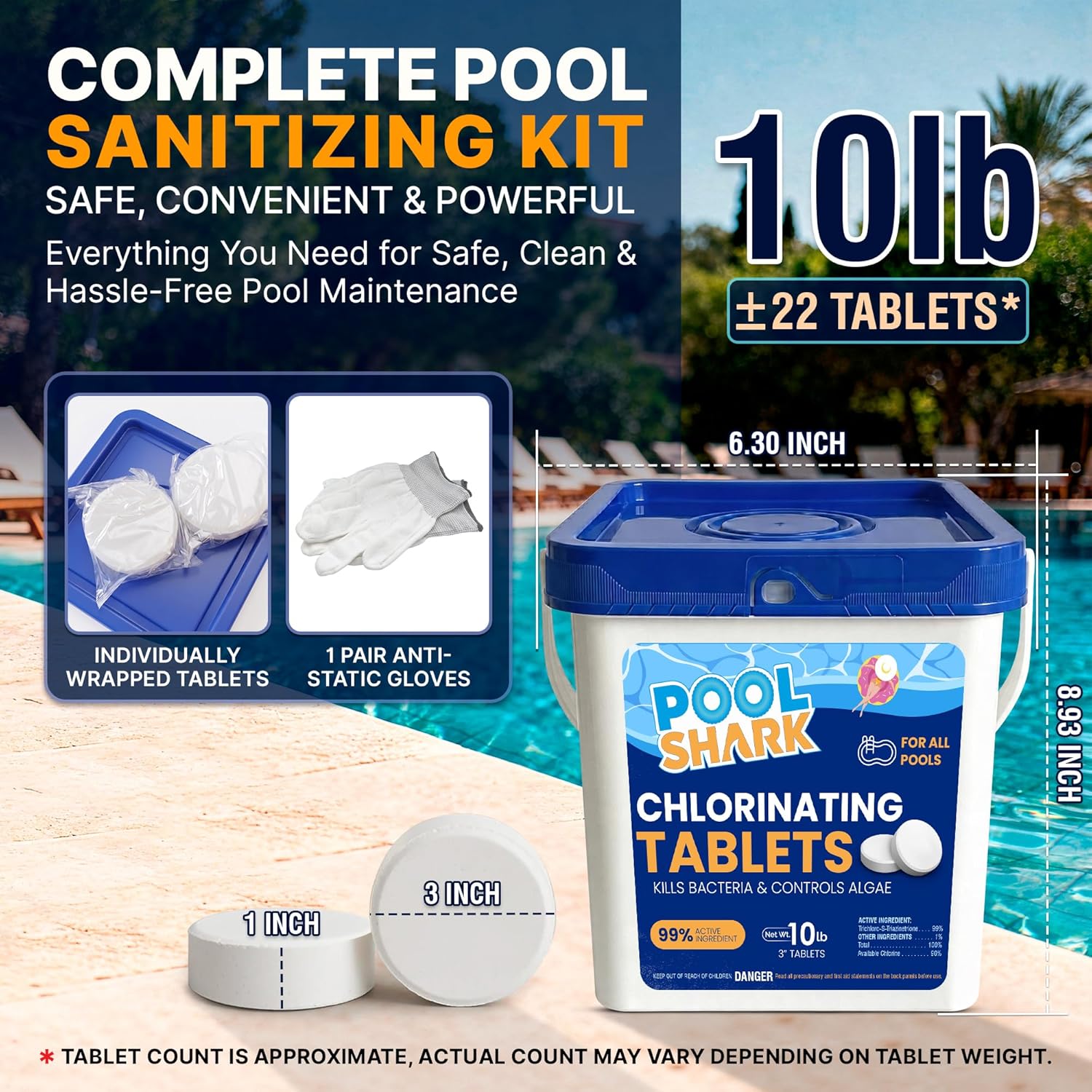 Pool Shark Swimming Pool Chlorine Tablets | 3-Inch Chlorine Tablets | 10 lbs | Slow-Dissolving 90% Active Chlorine Tabs | Pool Chemicals for Inground Pools, Above Ground Pools, Saltwater, Spa, Hot Tub