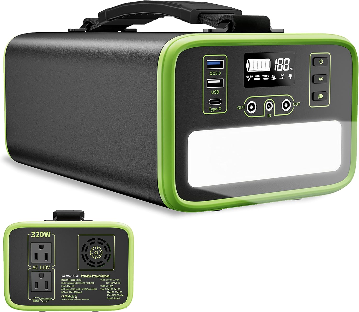 NECESPOW Portable Power Station 281Wh Lifepo4 Battery Backup Supply Solar Generator 320W(Peak 600W) Pure Sine Wave 2 AC Outlet, PD 60W/LED Flashlight for Camping CPAP Outdoor RV Emergency