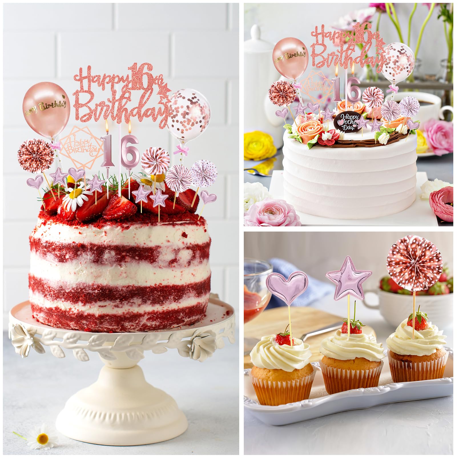 Cupcake-Topper „Happy Sweet 16th Birthday“ – 30 Stück, Glitzerkarton, Fertig Montiert
