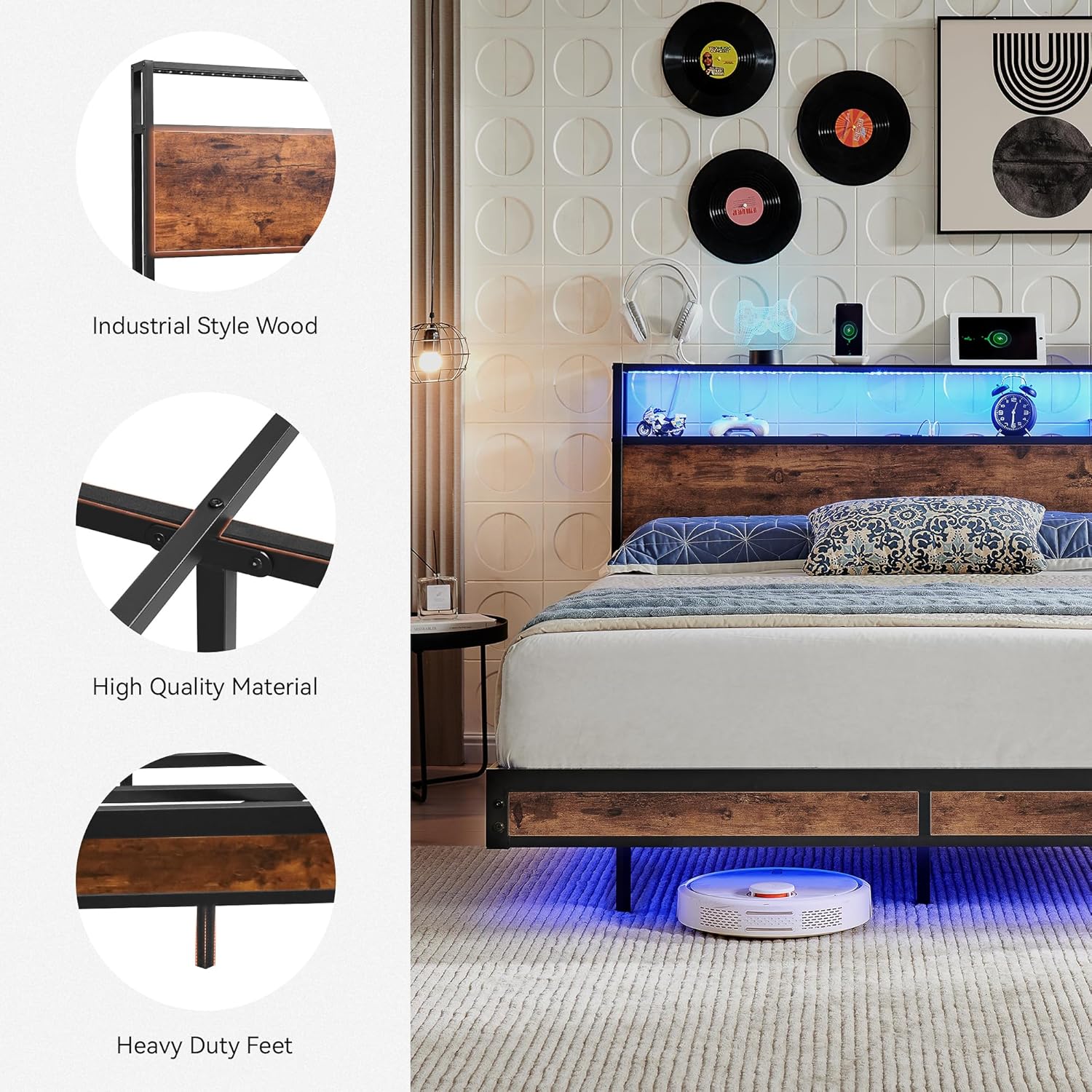 BedsPick Full Bed Frame with 2-Tier Storage Headboard, Metal Platform Full Size Bed Frame with Smart LED Lights & USB Charging Station, Noise-Free/Metal Support/No Box Spring Needed, Brown