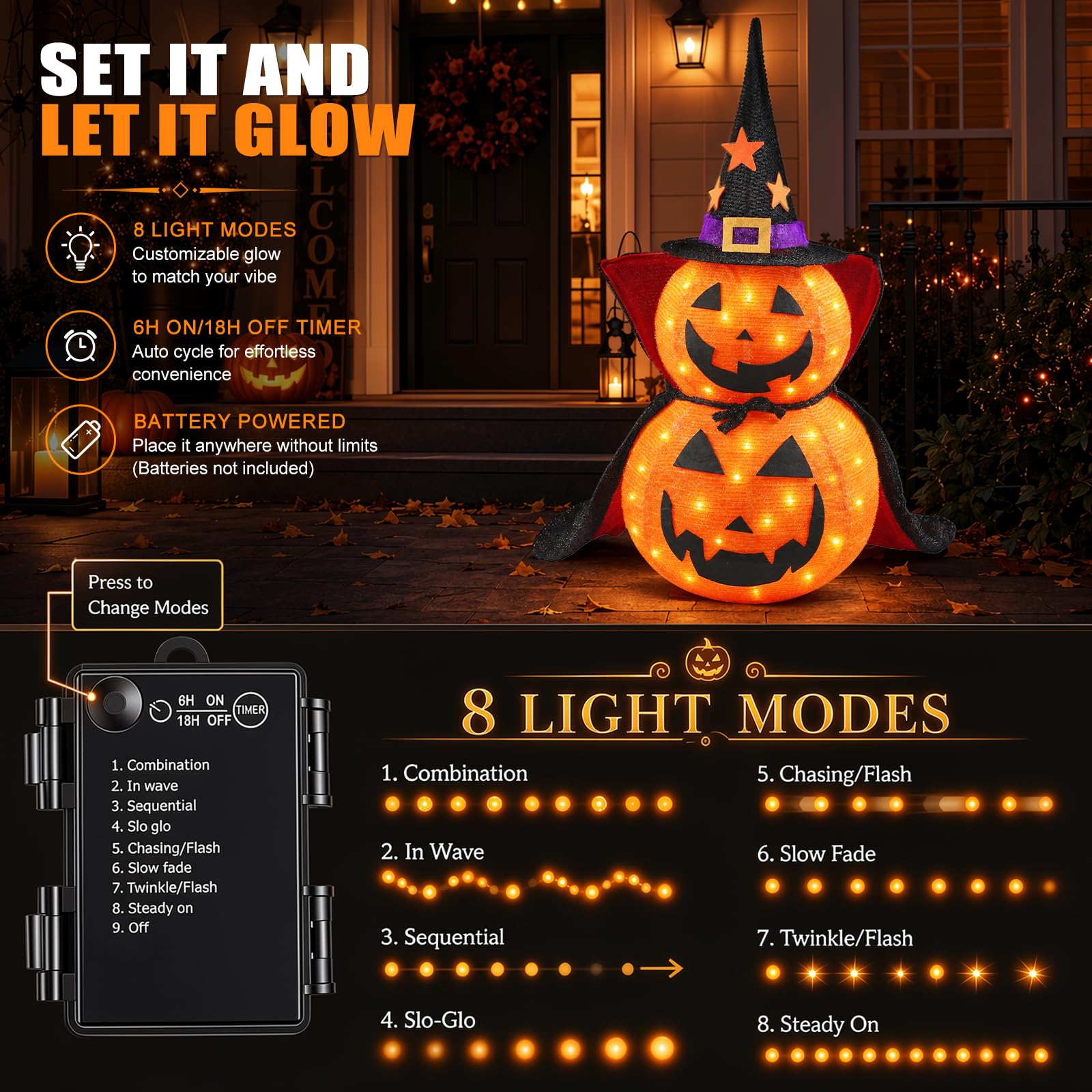 Halloween Kürbis Dekorationen, Lichter mit 50 LED-Lichtern, Faltbarer Kürbis mit Hexenhut-Lichtern, Dekorationen für den Innen- und Außenbereich, Hof, Urlaub, Gartendekoration (85cm)