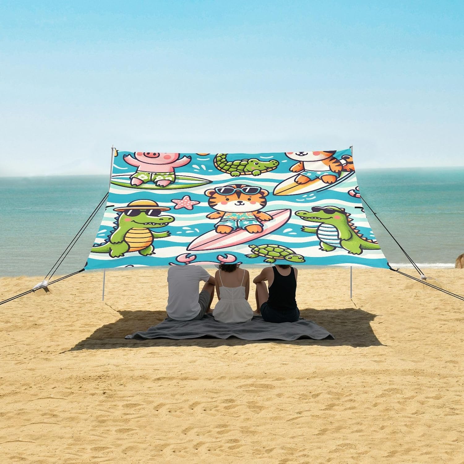 ALAZA Cute Pig Crocodile Tiger Beach Tent Sun Shelter UPF50+ Protection Beach Shade Canopy w/ 4 Sandbags for Outdoor Camping, Fishing, Backyard Fun, Picnic, 10x9 ft