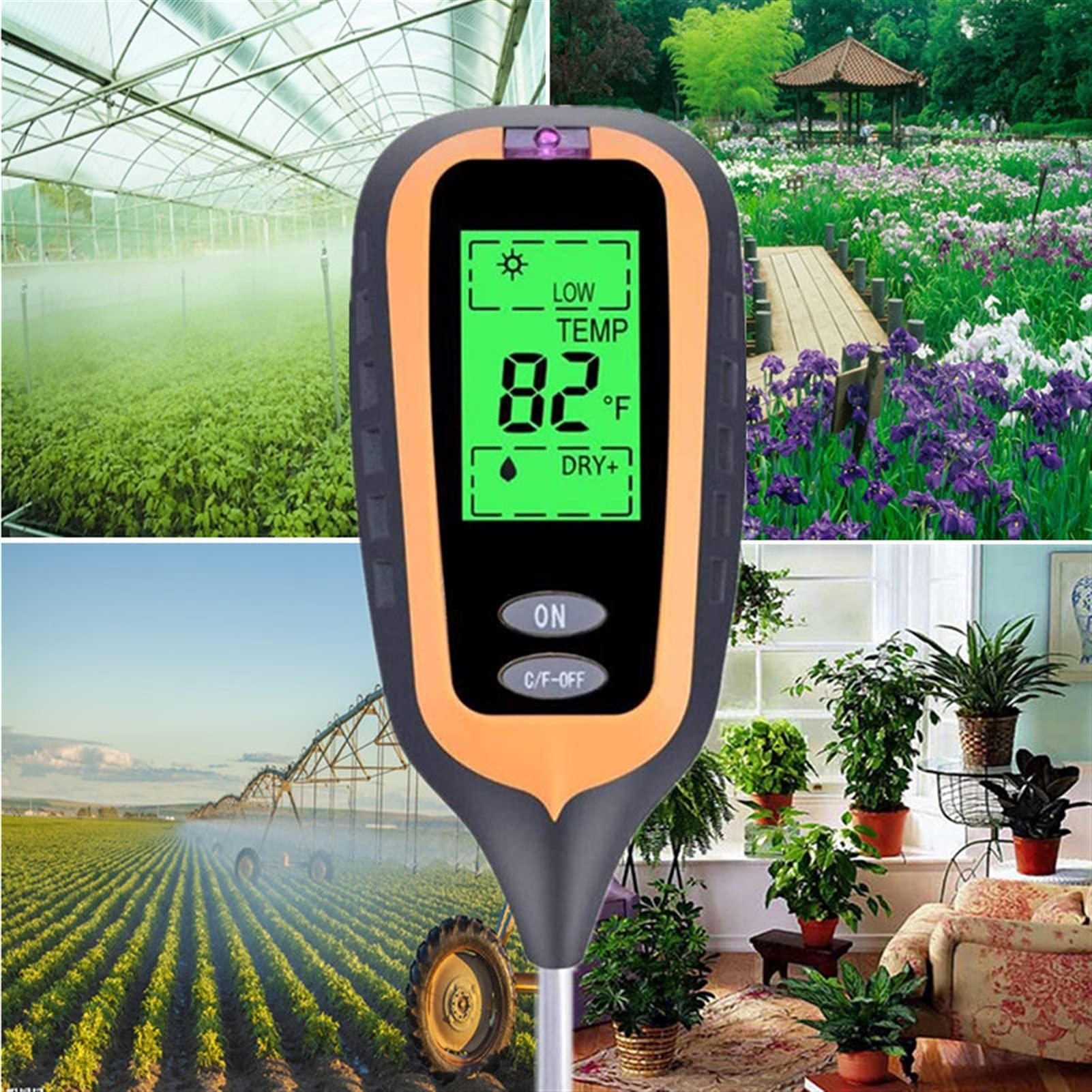 Testeur d'humidité 4 en 1 sol pH mètre de température du Solaire humidité PH Mètre Testeur for plantes jardin Fleurs LCD Affichage(Round)