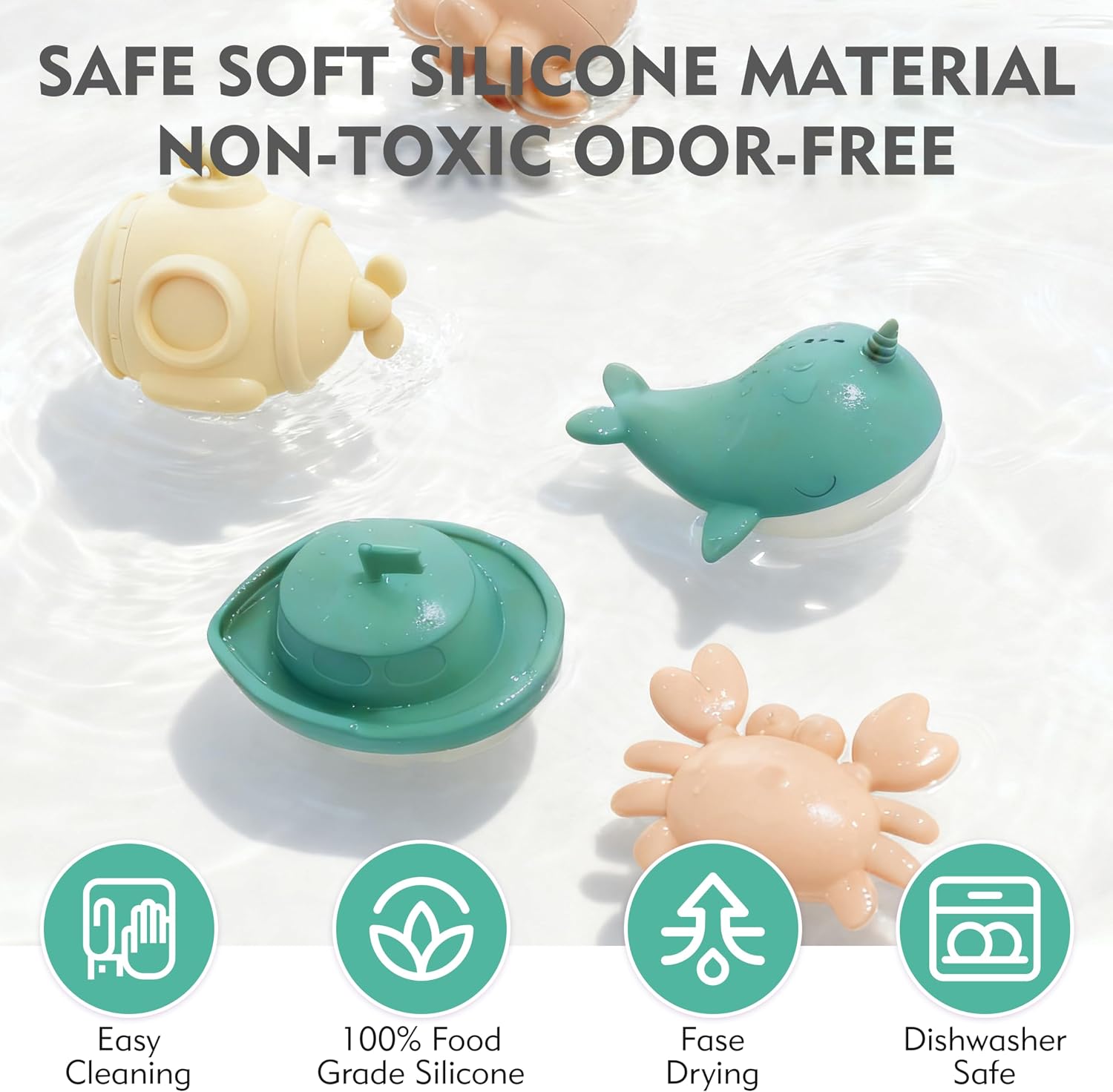 MarcZero Ocean Silicone Bath Toys 8Pcs for Toddlers Kids Babies,Bathtub Water Toys,Soft Squeezable Easy-Grip Pool Toys Set (Green)