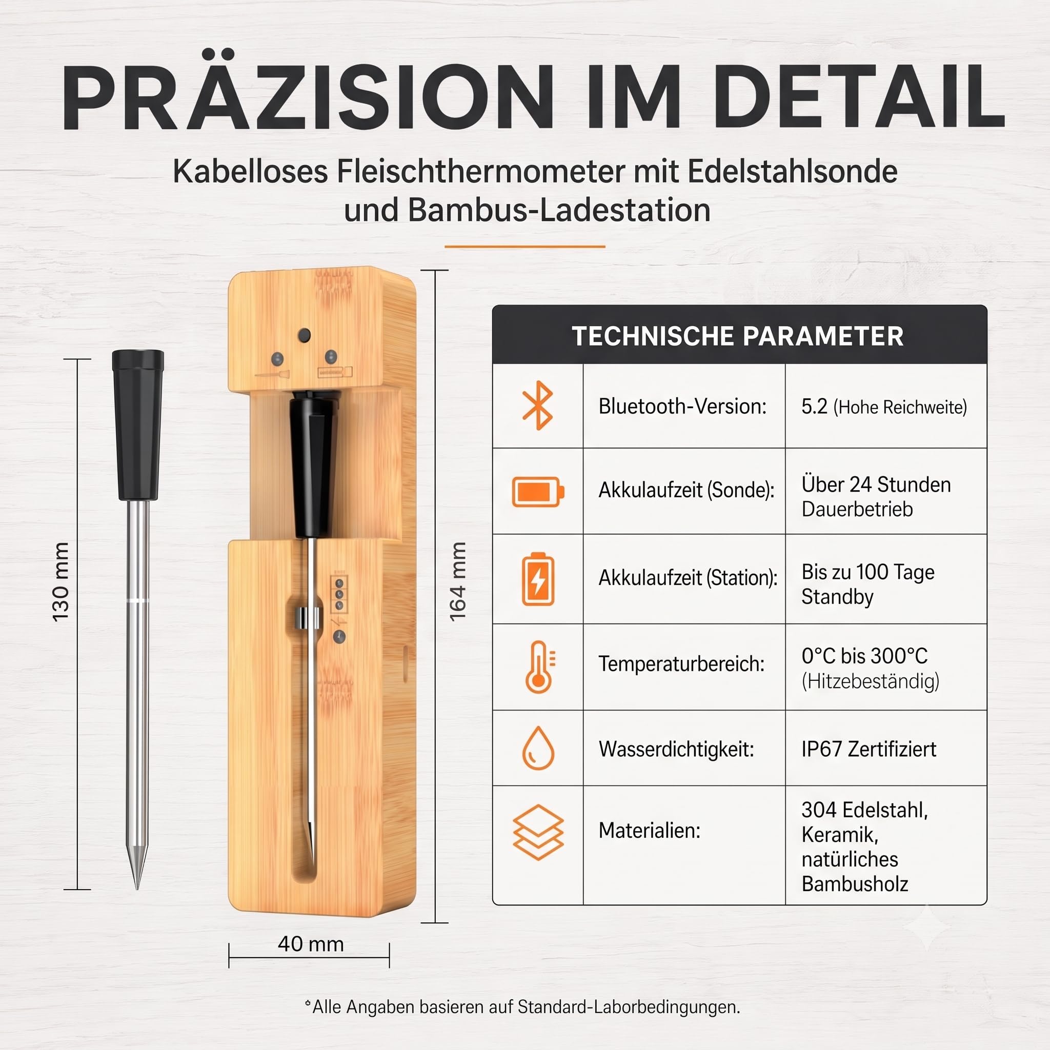 Bezprzewodowy termometr do mięsa ze sterowaniem za pomocą aplikacji, Bluetooth, bambusowy design, cyfrowy termometr do grilla (gotowy)