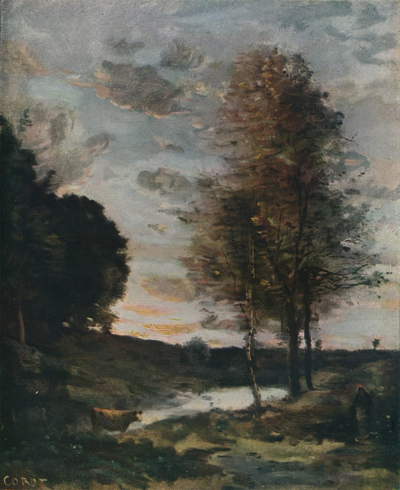 ARTXLXXBN Famous Prints Artwork Pictures Poster Painting Art Soleil Couchant by Jean Baptiste Camille Corot Artwork Landscape Pictures for Home Decor 60x90cm