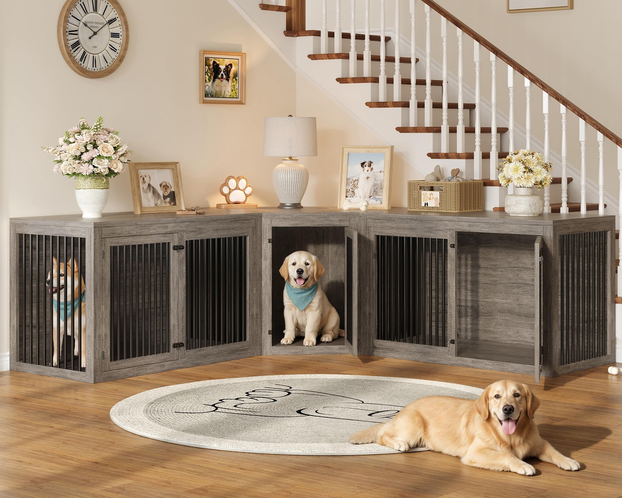 AMERLIFE 128" Large Dog Crate Furniture, 3-in-1 Corner Dog Kennel