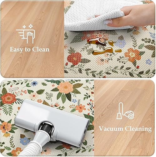 Miniatura 5 de KIMODE Tapetes de cocina para suelo antifatiga, alfombras florales blancas para suelo de cocina, tapetes acolchados de cocina para piso, 2 piezas
